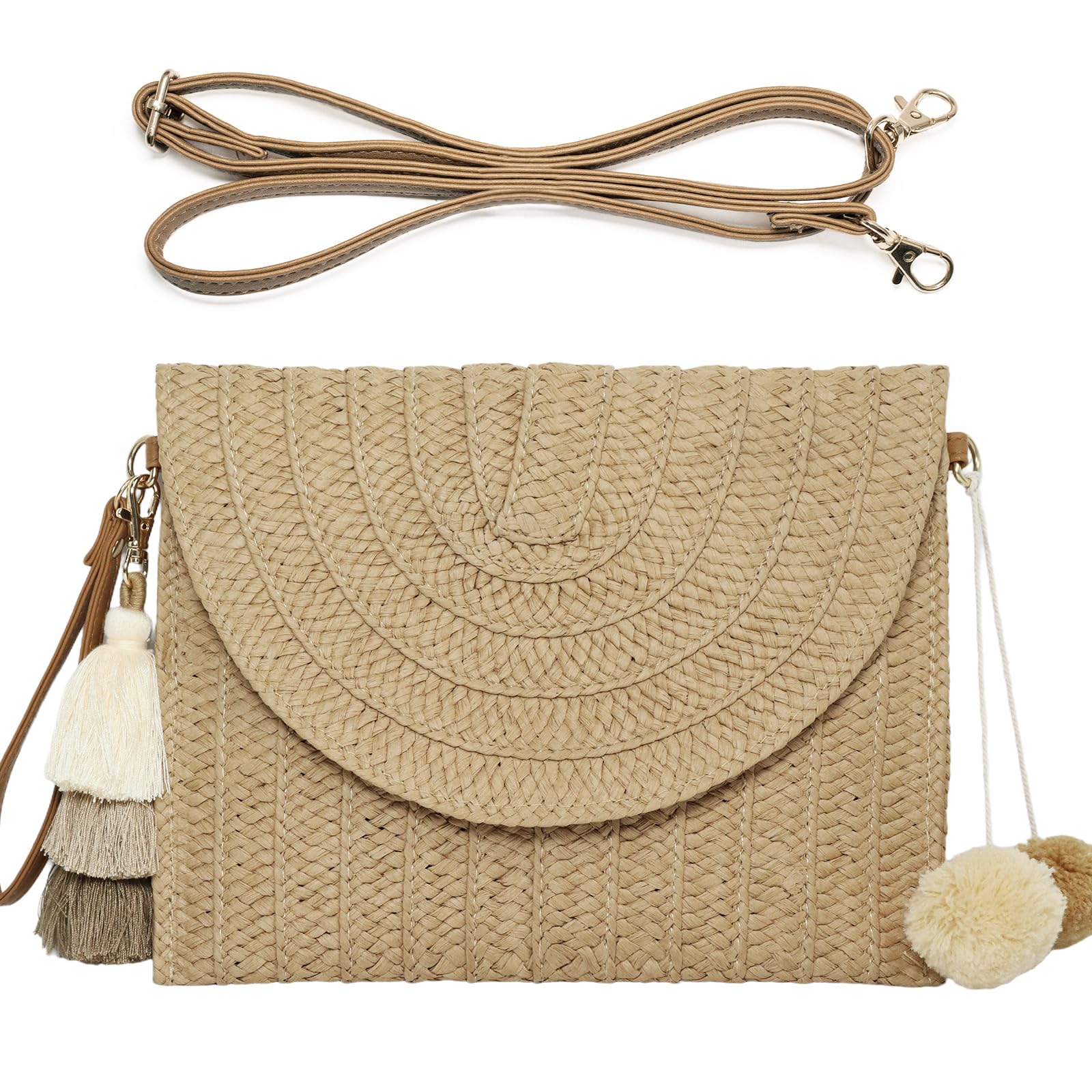 Straw Clutch Purse Women Handmade Straw Woven Tassel Charm Crossbody Shoulder Bag Summer Beach Envelope Handbag