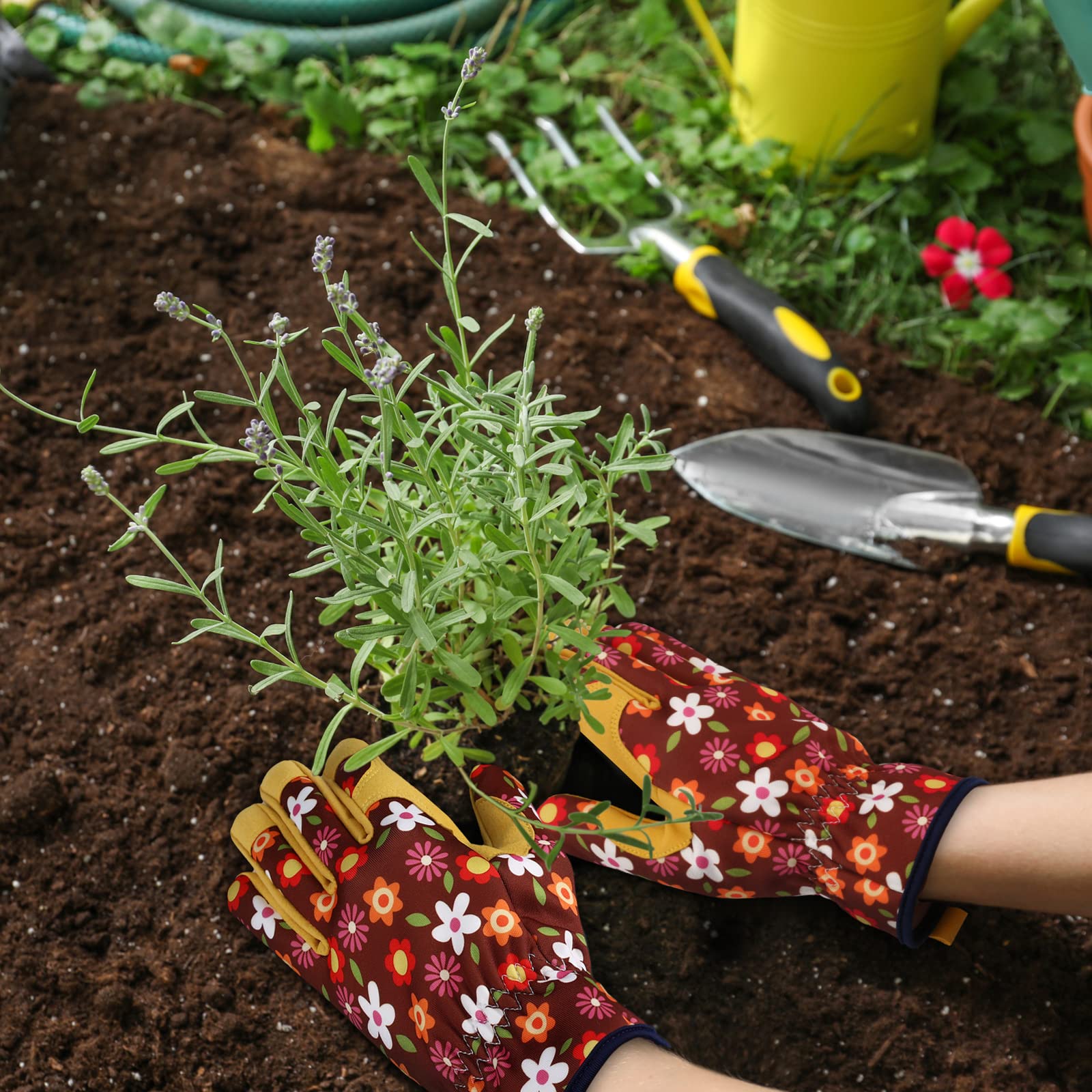 Guantes de jardinería de cuero para mujer, guantes de trabajo para deshierbe, excavación, plantación, rastrillar y poda (marrón+amarillo)