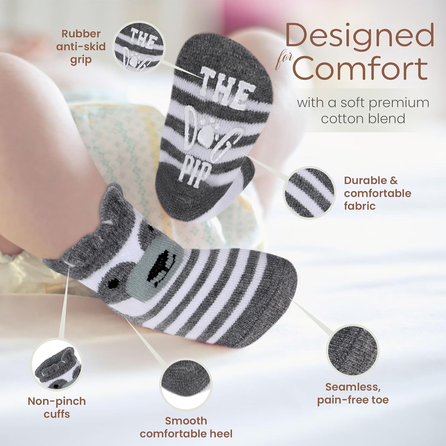 Organic Cotton 8 Pair Baby Socks 0–6 Months - Newborn Socks with Gripper - Safe Walking Non-Slip Sole, Perfect Baby Gift and Registry - Baby Socks for Boys and Girls, Newborn Essentials
