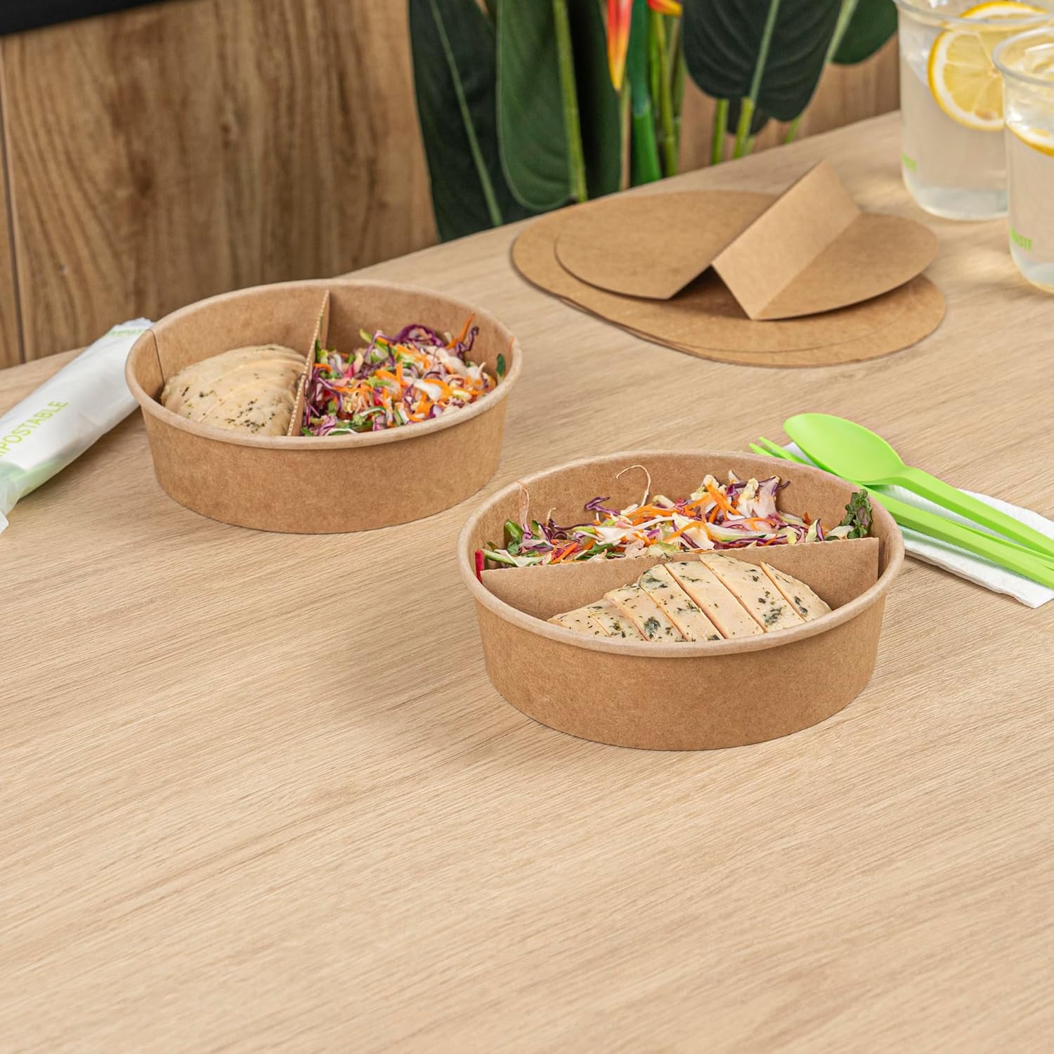Restaurantware-Bio Tek 9.6 x 5.9 Inch Inserts For Take Out Containers, 200 Disposable Inserts For Food Boxes - Containers Sold Separately, 2 Compartments, Kraft Paper Food Insert Trays, Microwavable