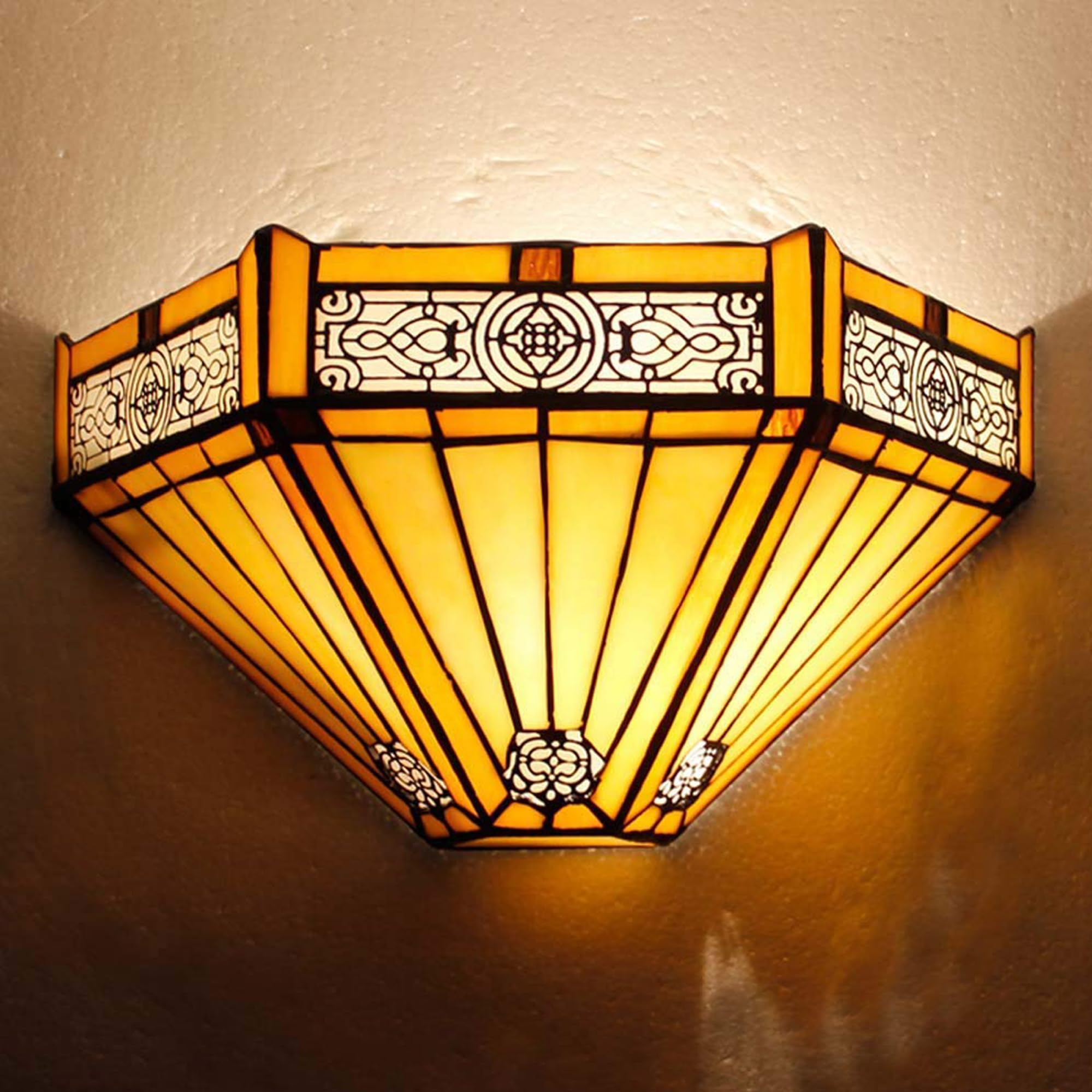 Aplique de Pared Vitral 30,5 cm Diseño Geométrico Misión Ámbar | Aplique de pared Tiffany con pantalla de vitral hecha a mano. Para pasillo, pasillo, salón, dormitorio o escalera.