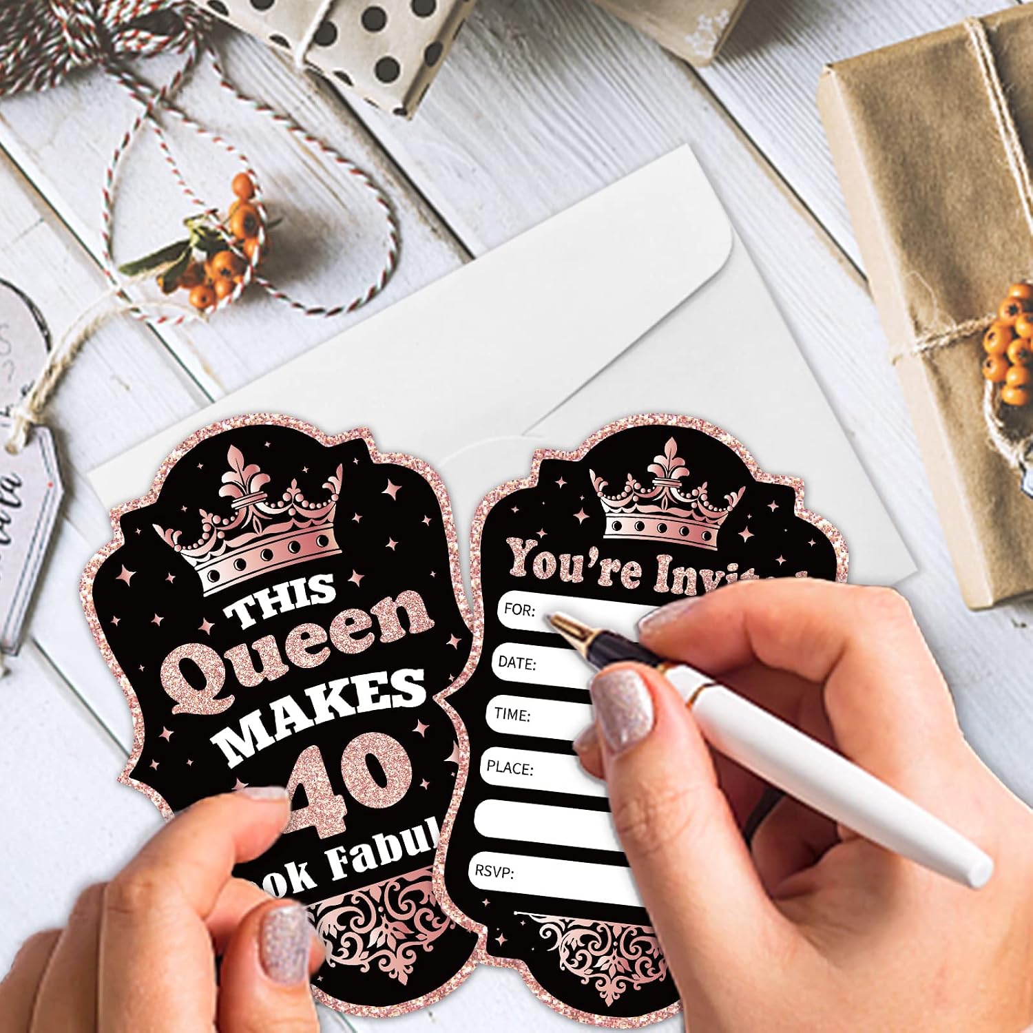 REWIDPARTY Rose Gold 40th Birthday Party Invitations with Envelopes & Stickers（Set of 15） 40th Birthday Shaped Fill-in Invitations Happy 40th Birthday Invites Cards Birthday Party Supplies for Women