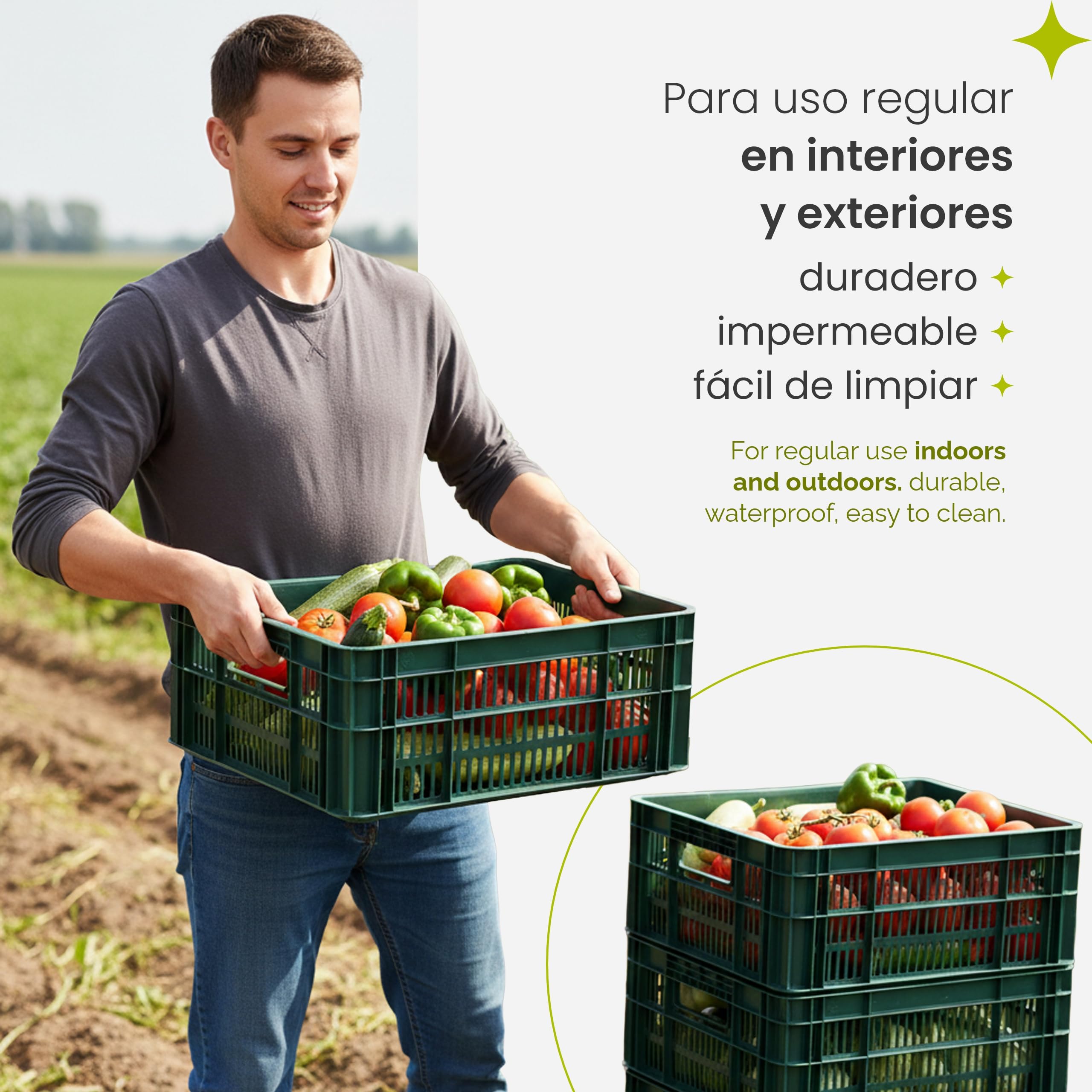 Garronda Cajas Almacenaje Plástico Grande 69x47x20 cm - Organizadoras HDPE Perforada 64L, Apilables y con Asas, Resistente para Almacén, Garaje y Transporte Profesional GD-0190 (Pack de 4, Verde)
