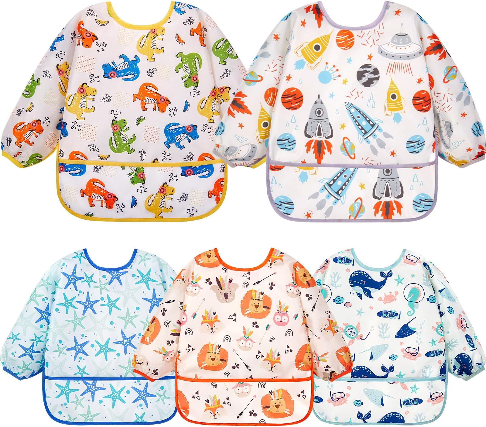 Lictin Long Sleeve Bibs 5 Pack - Baby Bibs, Waterproof Toddler Bibs, Baby Smock for Eating, Baby Bibs for Feeding Teething