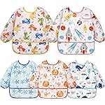 Lictin Long Sleeve Bibs 5 Pack - Baby Bibs for Boy, Waterproof Toddler Bibs, 0-24 Months Neutral Baby Smock for Eating, Reusable Infant Baby Bibs for Feeding Teething or Weaning