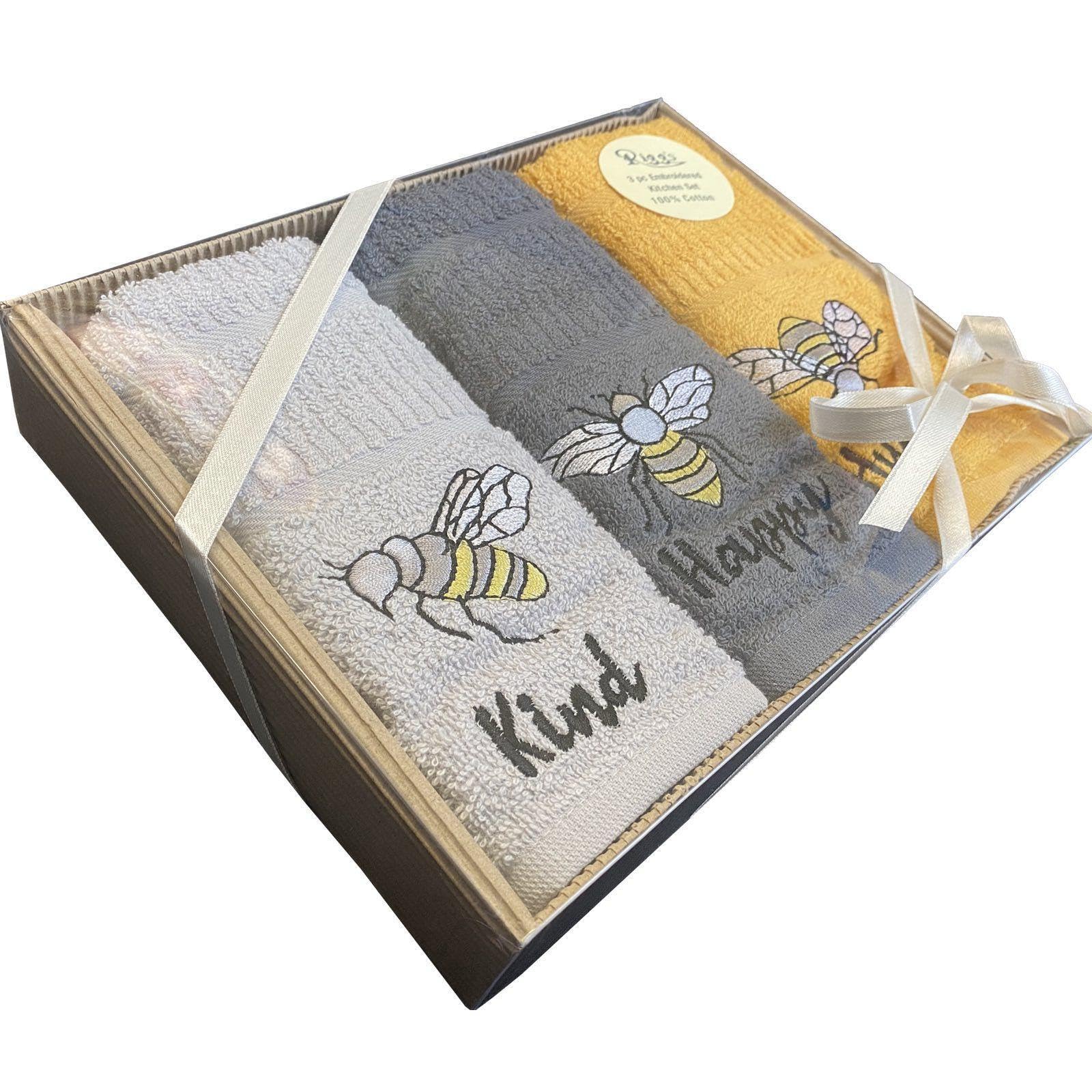 Riggs Yellow,Grey,Silver Three Pack Bee Kitchen Tea Towels Silver Grey, Charcoal Grey And Ochre Yellow Gift Box