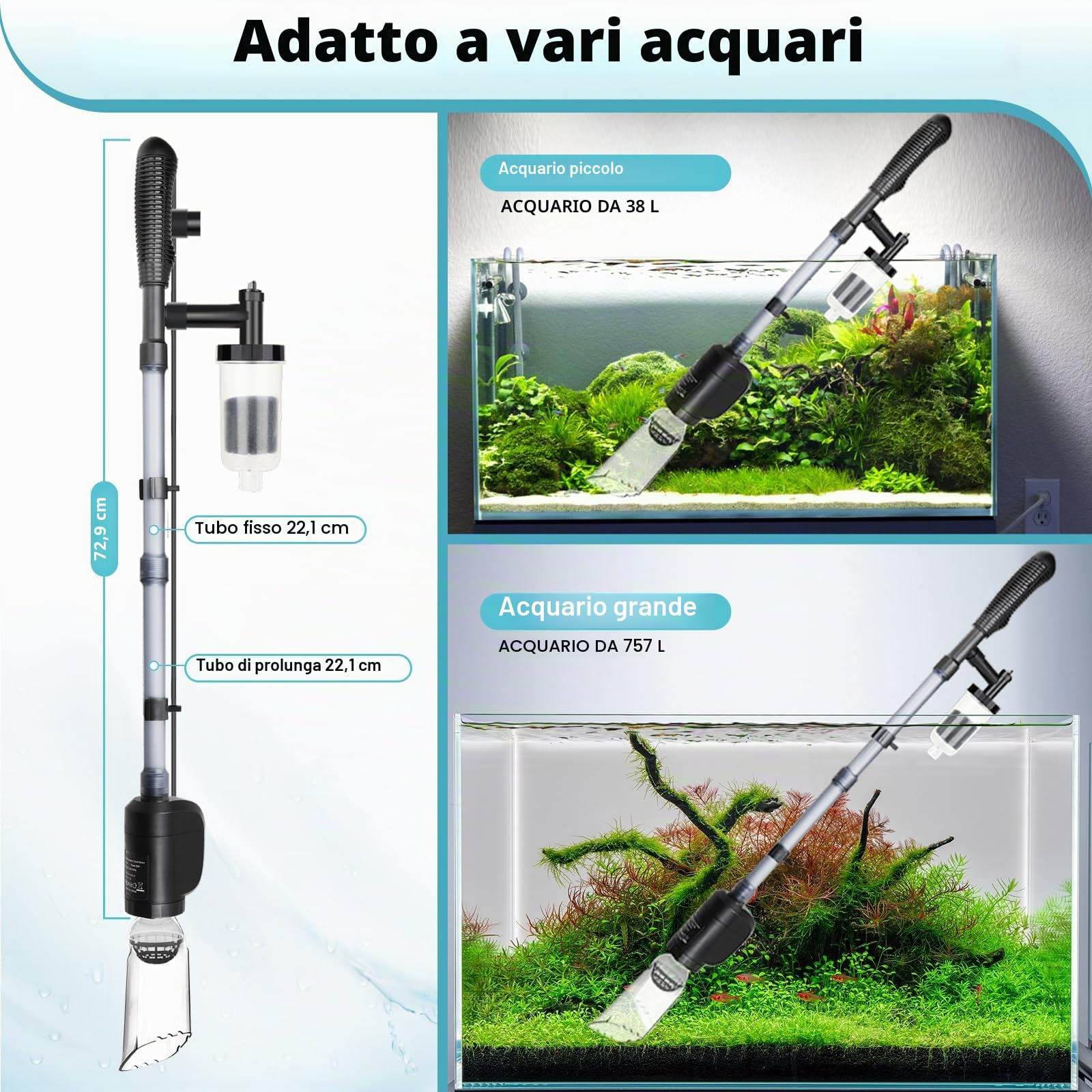 AQQA Pulitore automatico per ghiaia per acquario, 6 in 1, kit di pulizia automatico per acquario, 20 W, aspiratore per ghiaia, per lavare sabbia, acqua, doccia e circolazione dell'acqua
