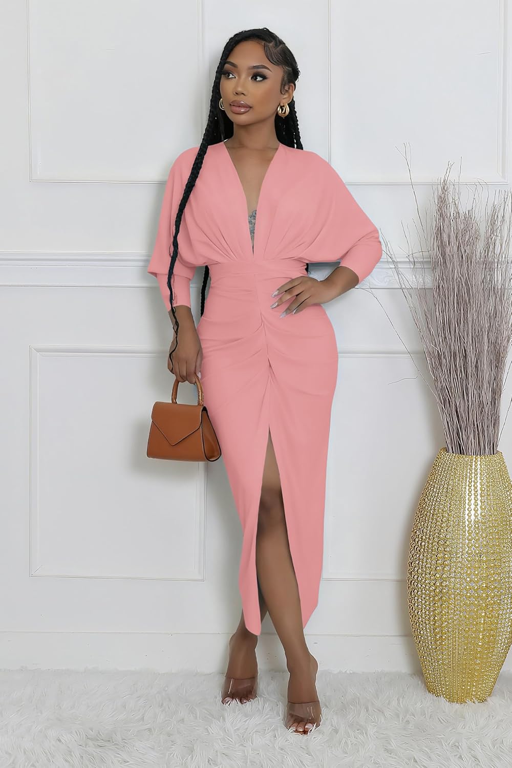 Women Long Sleeve Dress Casual Bodycon Maxi Dress Deep V Neck Ruched Midi Dresses Sexy Slit Plus Size Dresses - Image 3