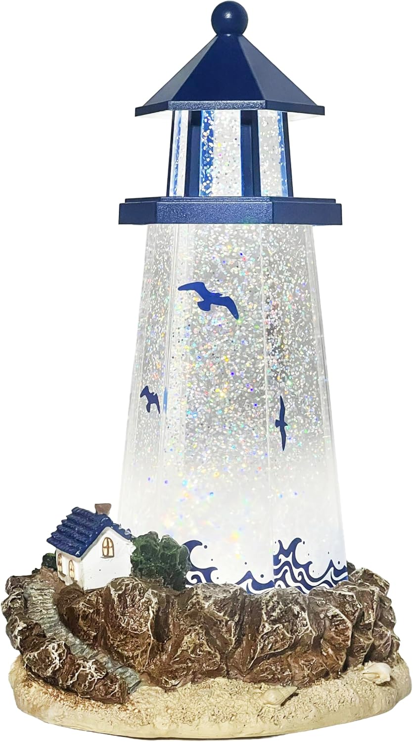 Lighthouse Water Globe by Moments in Time 11.5” Acrylic Spinning Glitter Light Battery Operated Nautical Home Décor Coastal Beach Theme Gift Decoration Spinning Water Globe