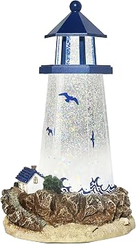 Lighthouse Water Globe by Moments in Time 11.5 Acrylic Spinning Glitter Light Battery Operated Nautical Home Decor Coastal Beach Theme Gift Decoration Spinning Water Globe