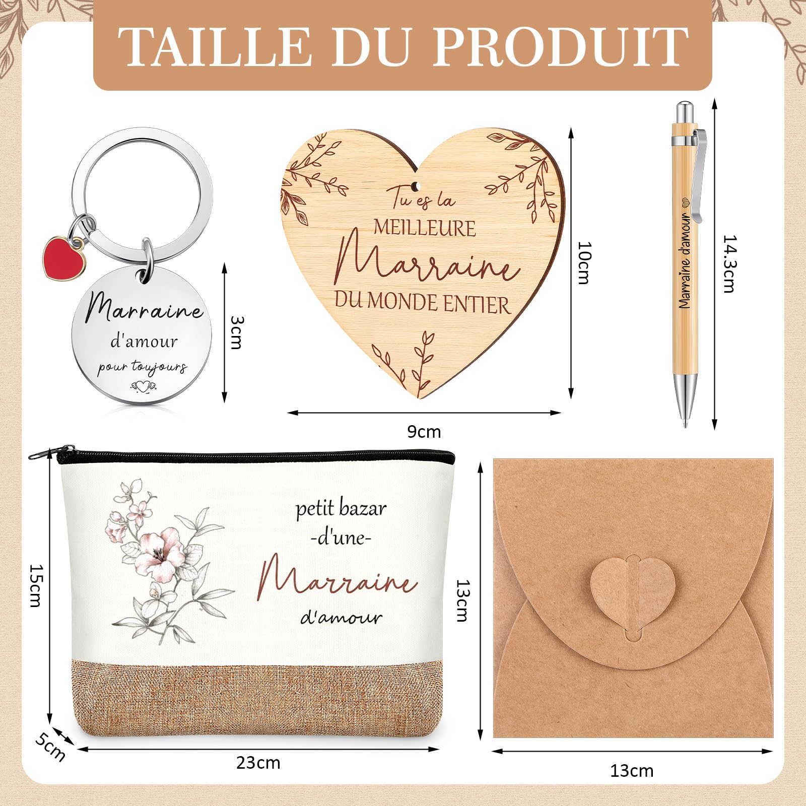 Tenare 6 Pièces Cadeaux pour Marraine Trousse de Maquillage Porte-Clés Stylo à Bille en Bois Plaque en Bois de Cœur avec Ficelle Enveloppe Cadeau Marraine pour Noël Anniversaire Baptême Communion