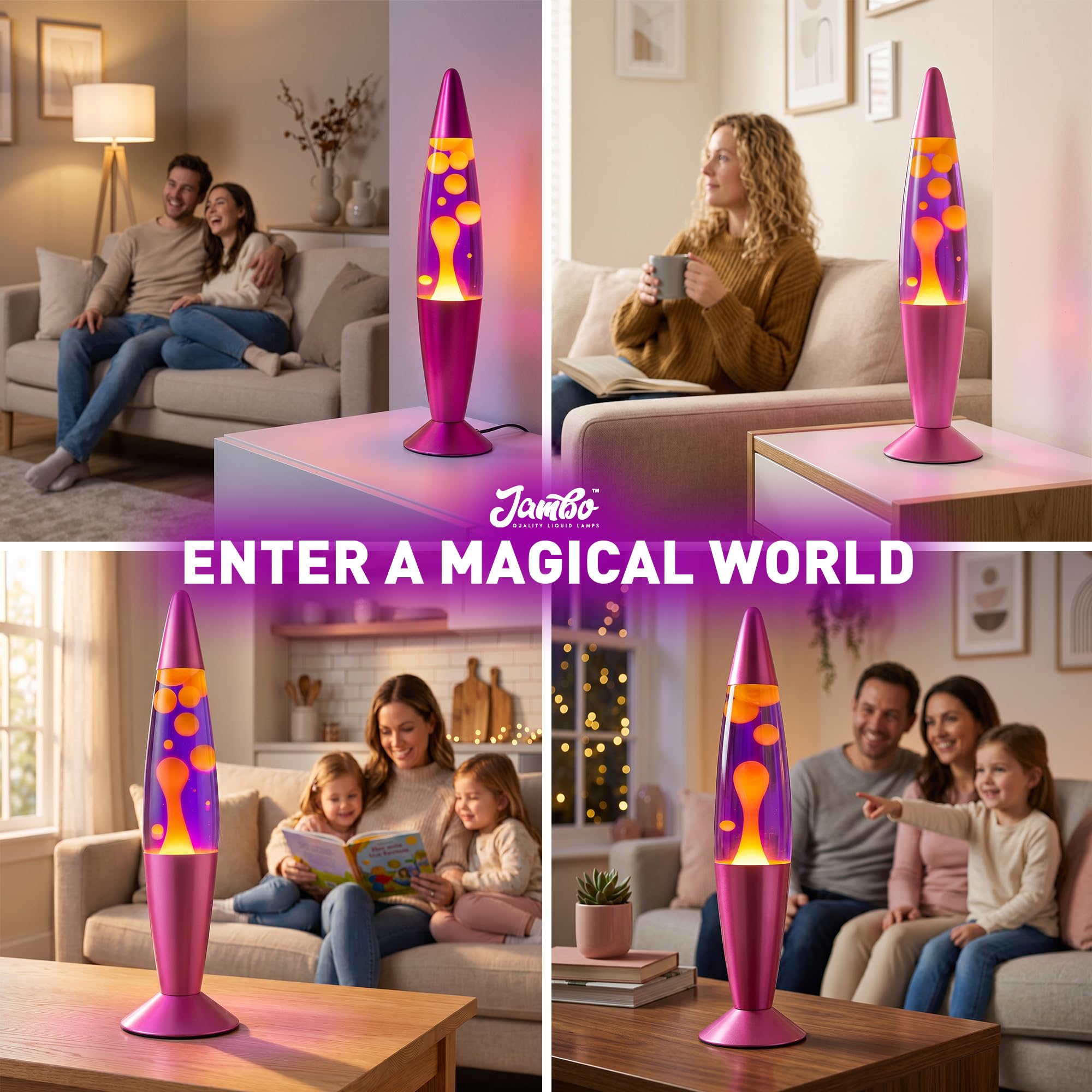 Jambo Lámpara líquida con flujos de Cera como Lava, lámparas frías, Luces nocturnas para niños, Adultos, Adolescentes (16 Pulgadas, Base Rosa, líquido Morado, Cera Amarilla)