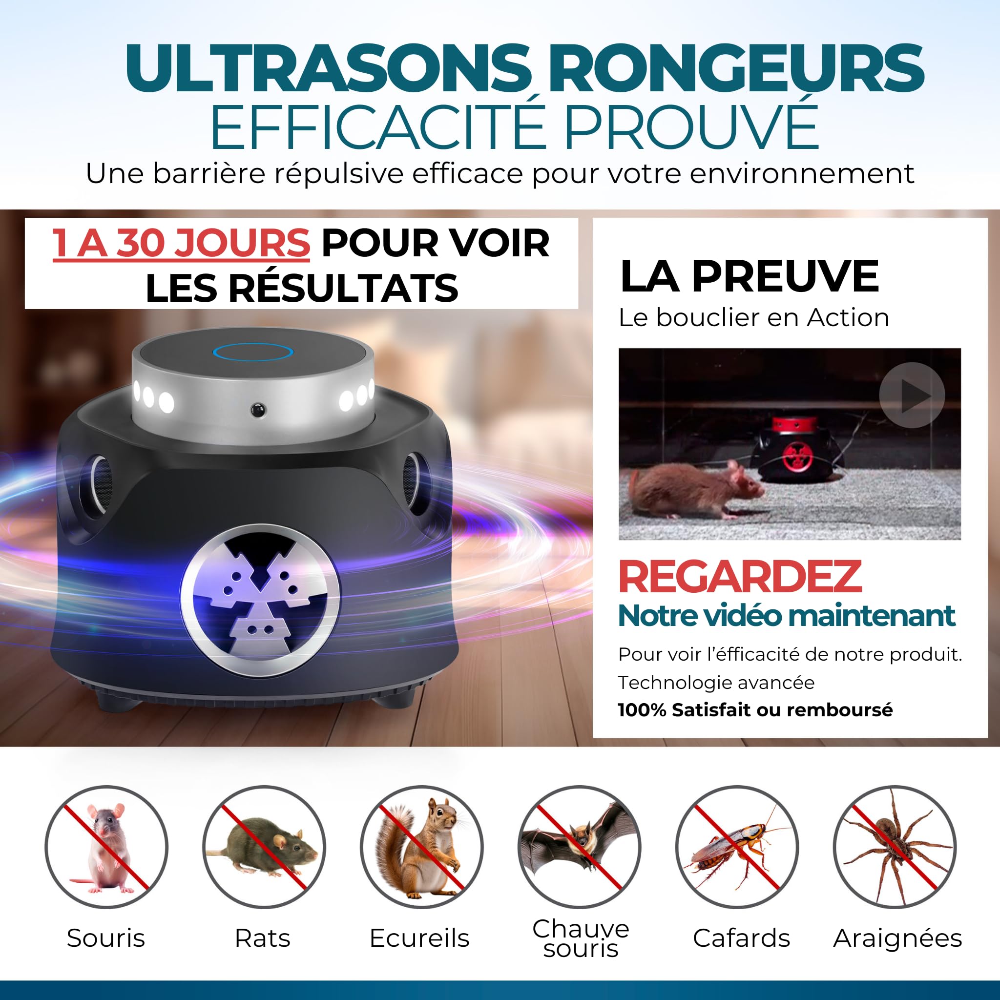 Répulsif rongeurs à Ultrasons 360° avec Télécommande, anti souris et anti rat, piege a souris, raticide