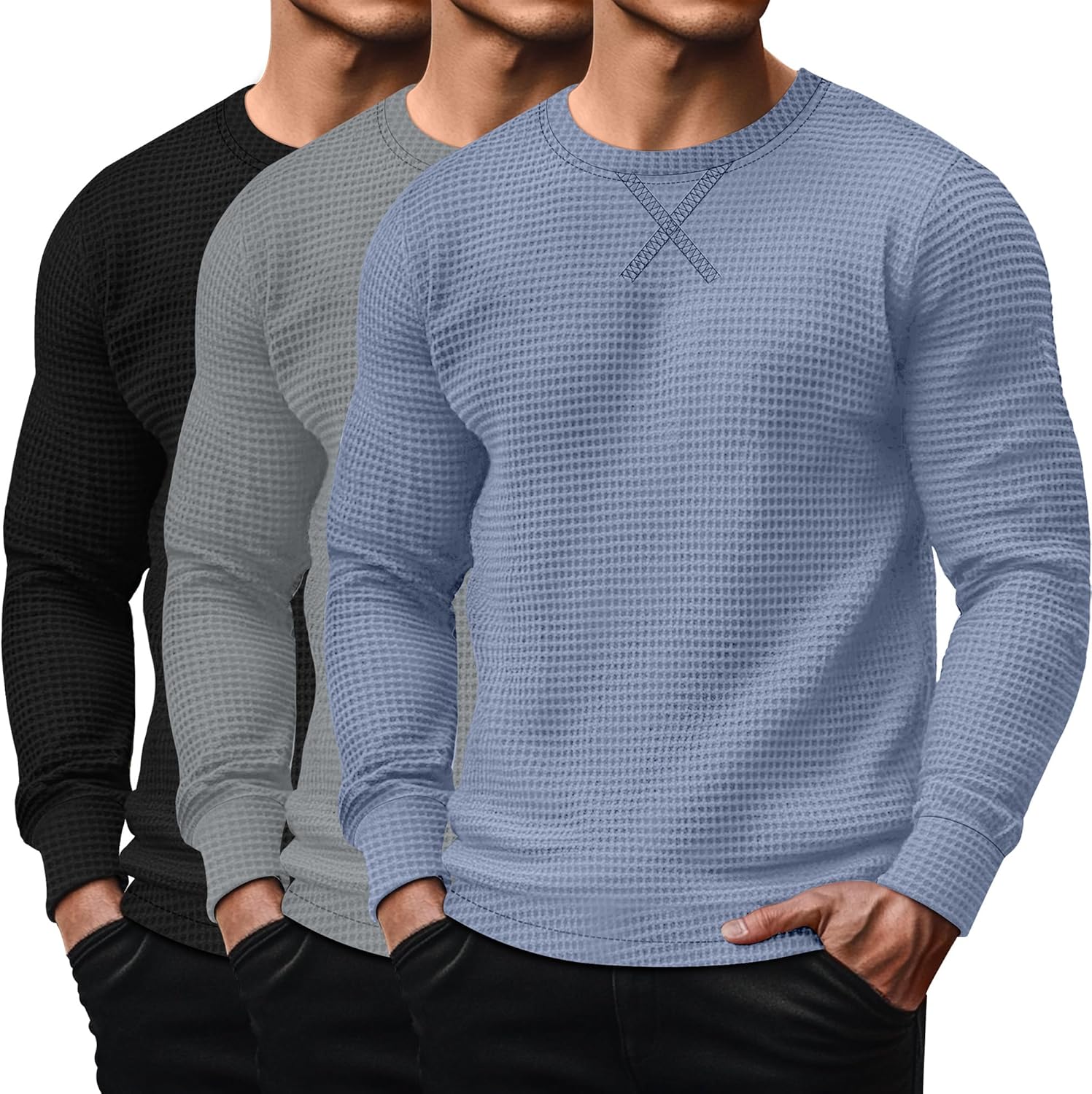 3 Pack Men's Waffle Long Sleeve Shirts, Crew Neck Thermal Textured Underwear Tops Lightweight Pullover Sweaters