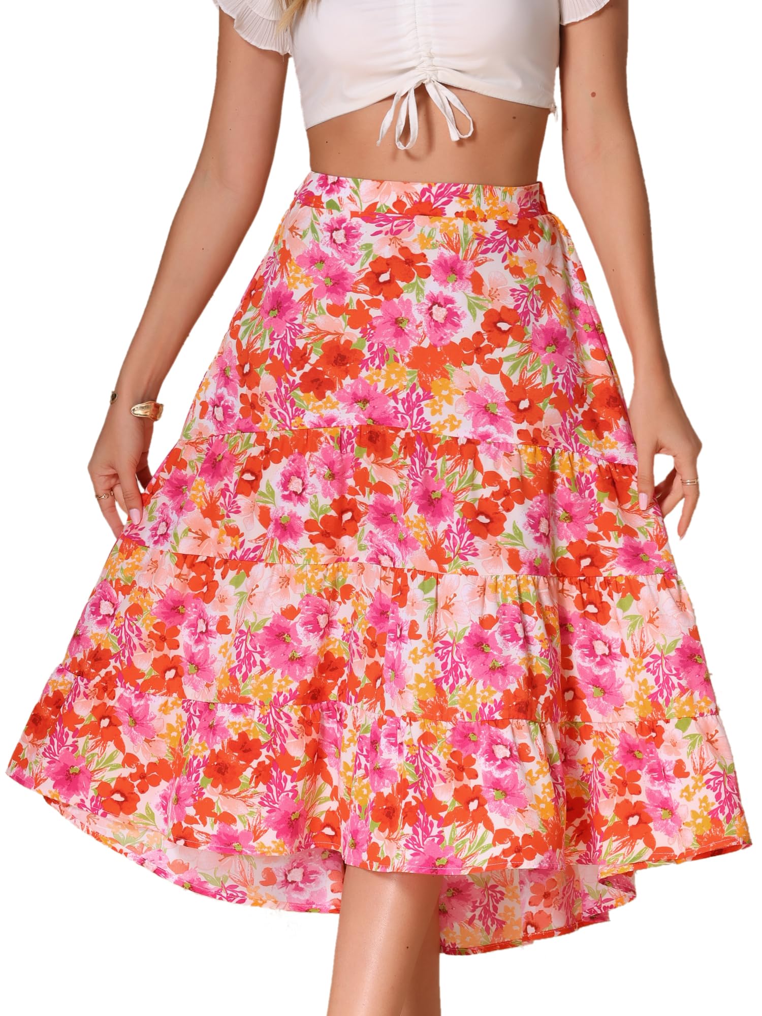 Jupe florale bohème avec taille haute élastique et ourlet bas - 6