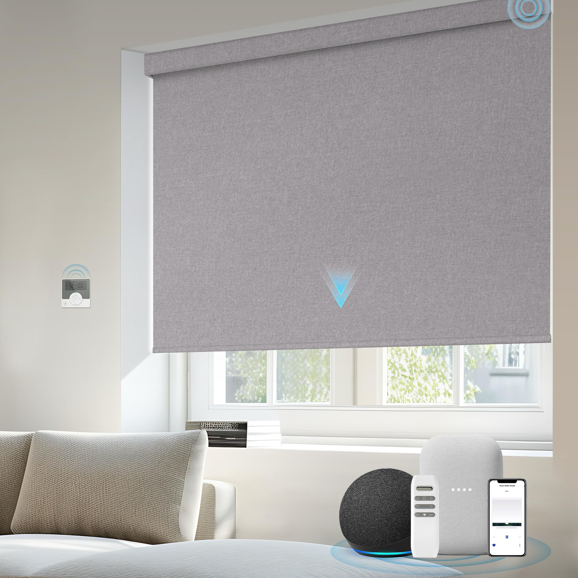 Kerxwerd Motorized Blinds Compatible with Alexa Google Custom to 108" Width 100% Blackout Smart Blind Automatic Large Window Roller Shades Remote