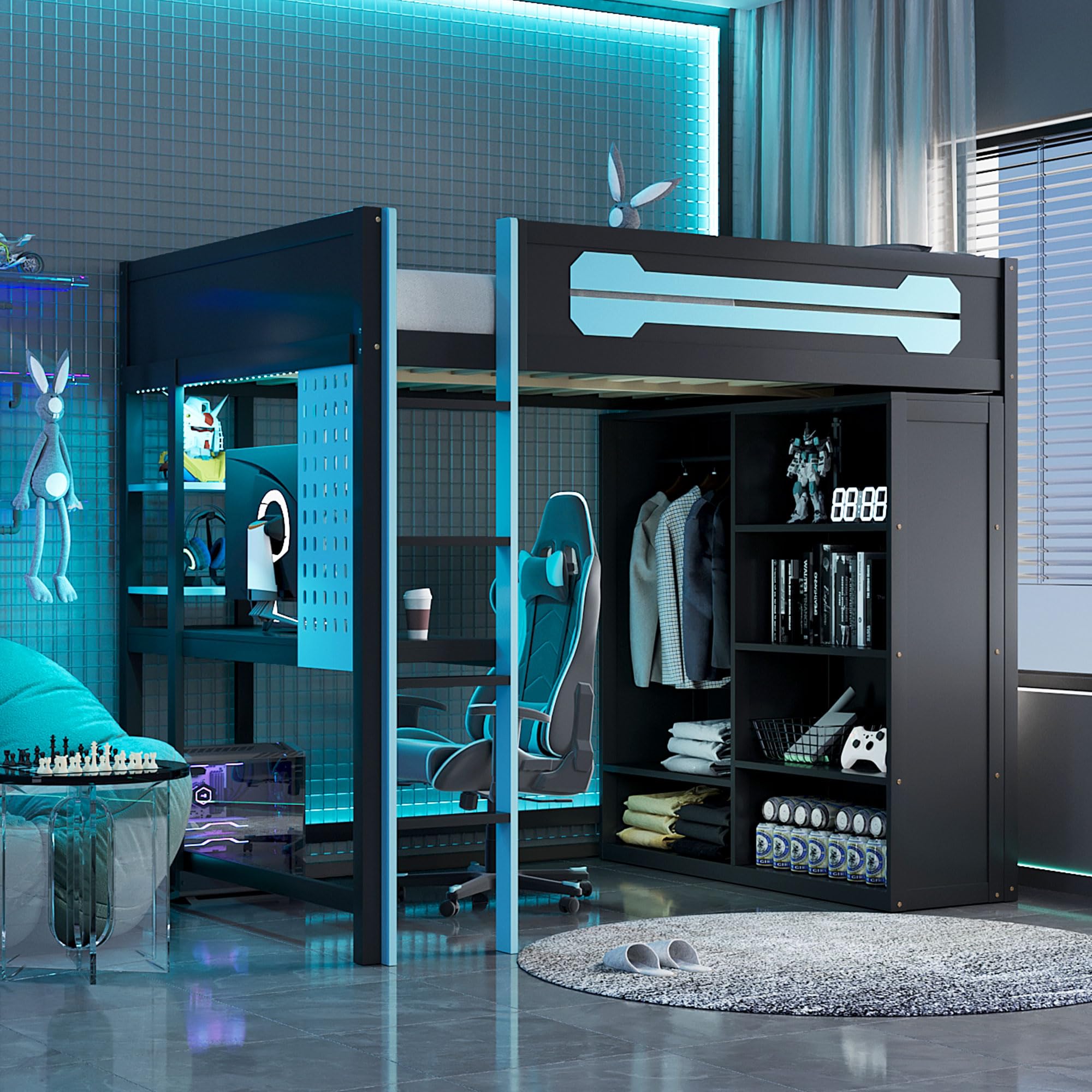 Photo 1 of Merax Full Size Loft Bed with Desk and Wardrobe, Blue