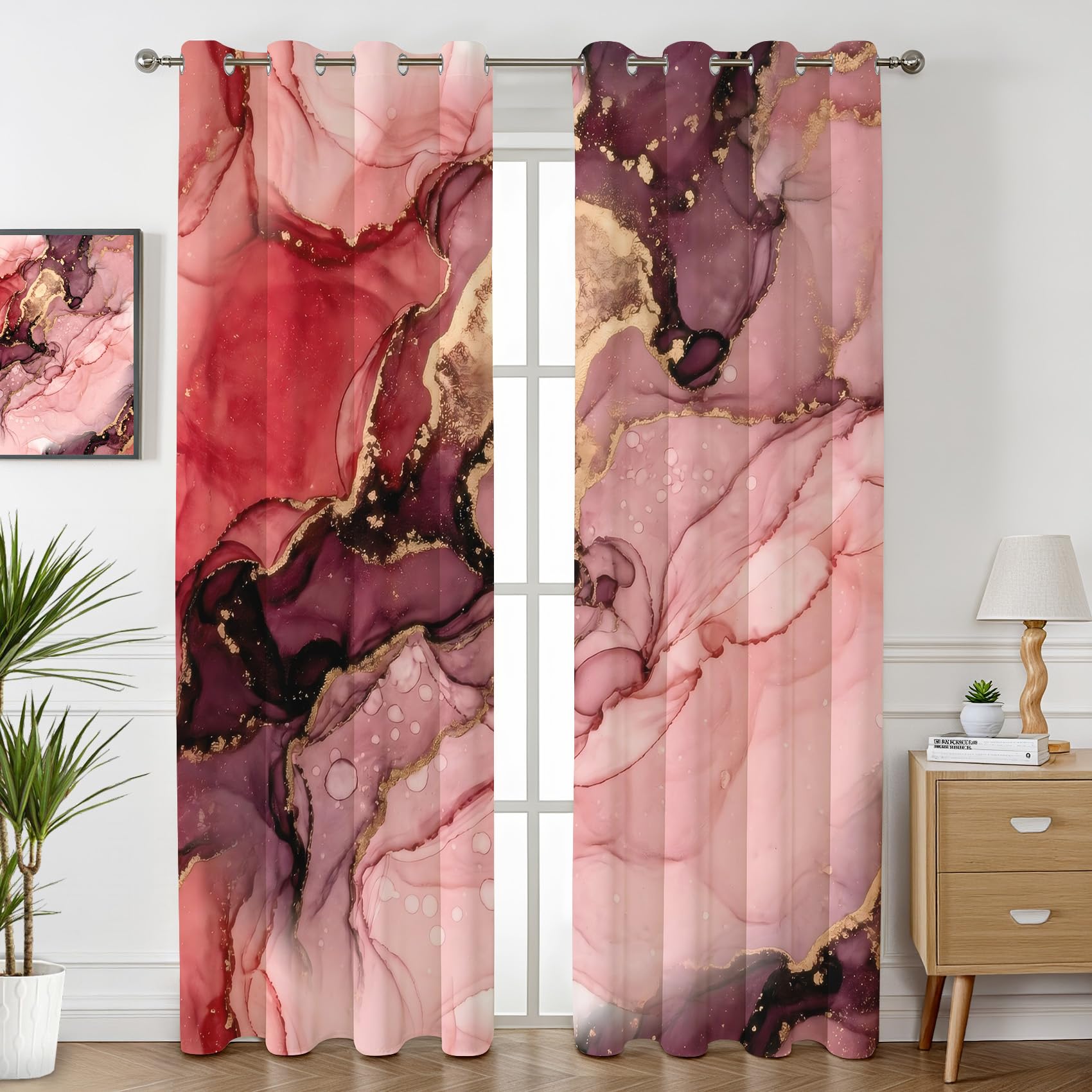 Havenix Burgundy Marble Blackout Curtains for Bedroom Living Room, Pink and Gold Abstract Ink Patterned Curtains 90x108, Thermal Insulated Eyelet Drapes for Windows, 2 Panels