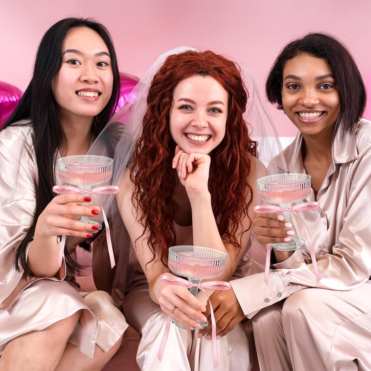 JarThenaAMCS 30Pcs Plastic Champagne Coupe Glasses with Bow 7 Oz Disposable Cocktail Champagne Tower Set Stackable Acrylic Ribbed Martini Glasses for Birthday Wedding Party Bar Decor, (Pink)