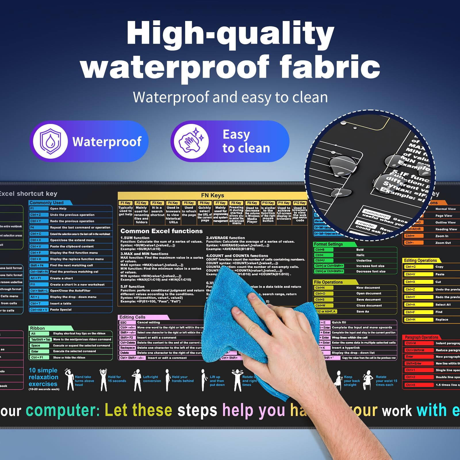 Excel Cheat Sheet Desk pad—Contains 12 Types of Common Skills in Excel and Word|Large XL Size（31.5 * 11.8 inch）|Desk mat for Keyboard and Mouse|Work、Study、Gaming Mouse pad|Waterproof、Anti-Slip - 5