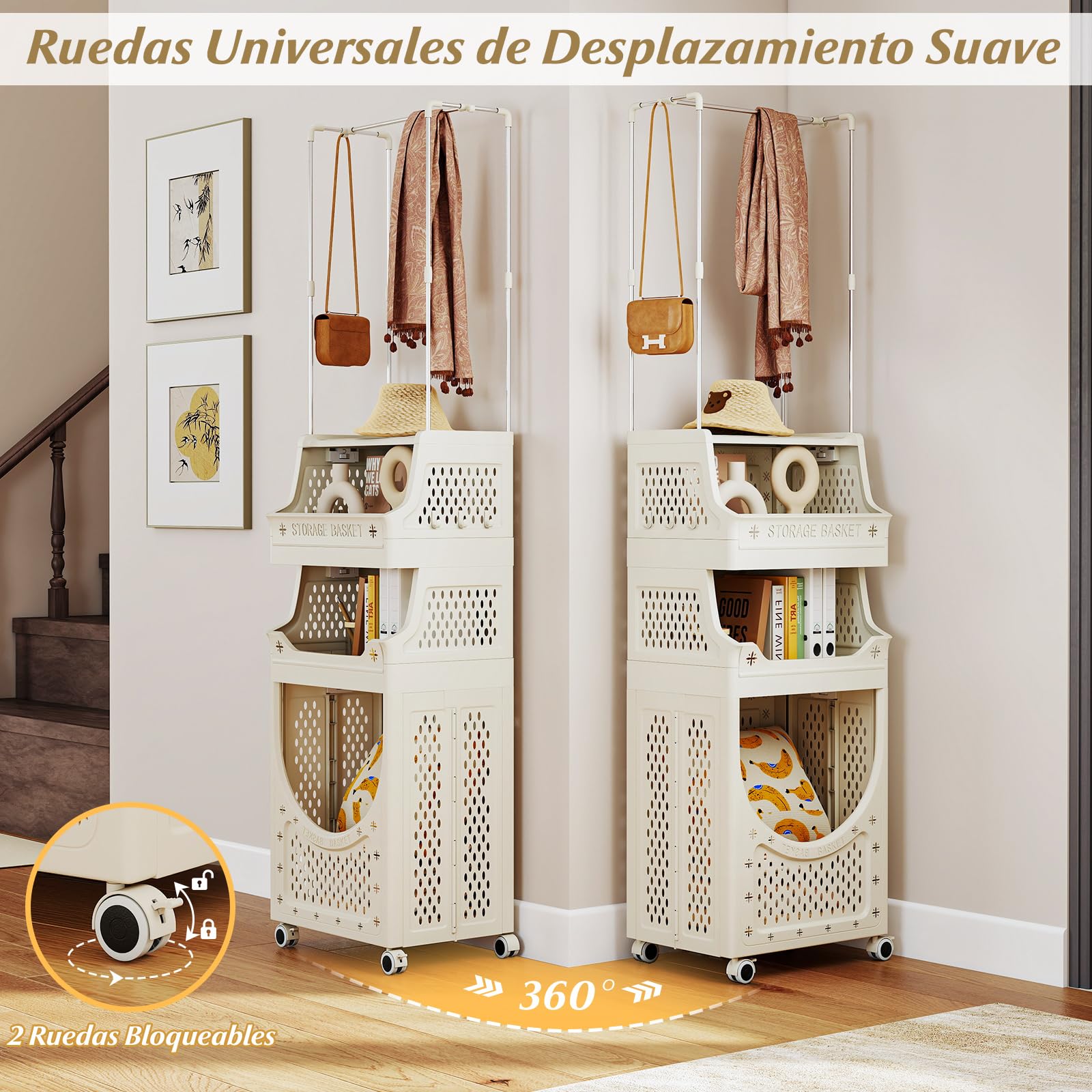 GOPLUS 2 en 1 Cesto para Ropa Sucia con Perchero, Cesta de Colada Inclinable y Extraíble con Ganchos y Compartimento Abierto, Mueble de Lavandería Plegable con Ruedas para Baño (21L+21L+40L)
