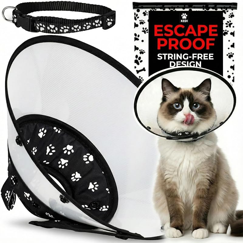 Colar Elizabetano Macio para Gatos e Cães com Janela Transparente Kedi Cats Solutions Preto (Black), Tamanho Médio
