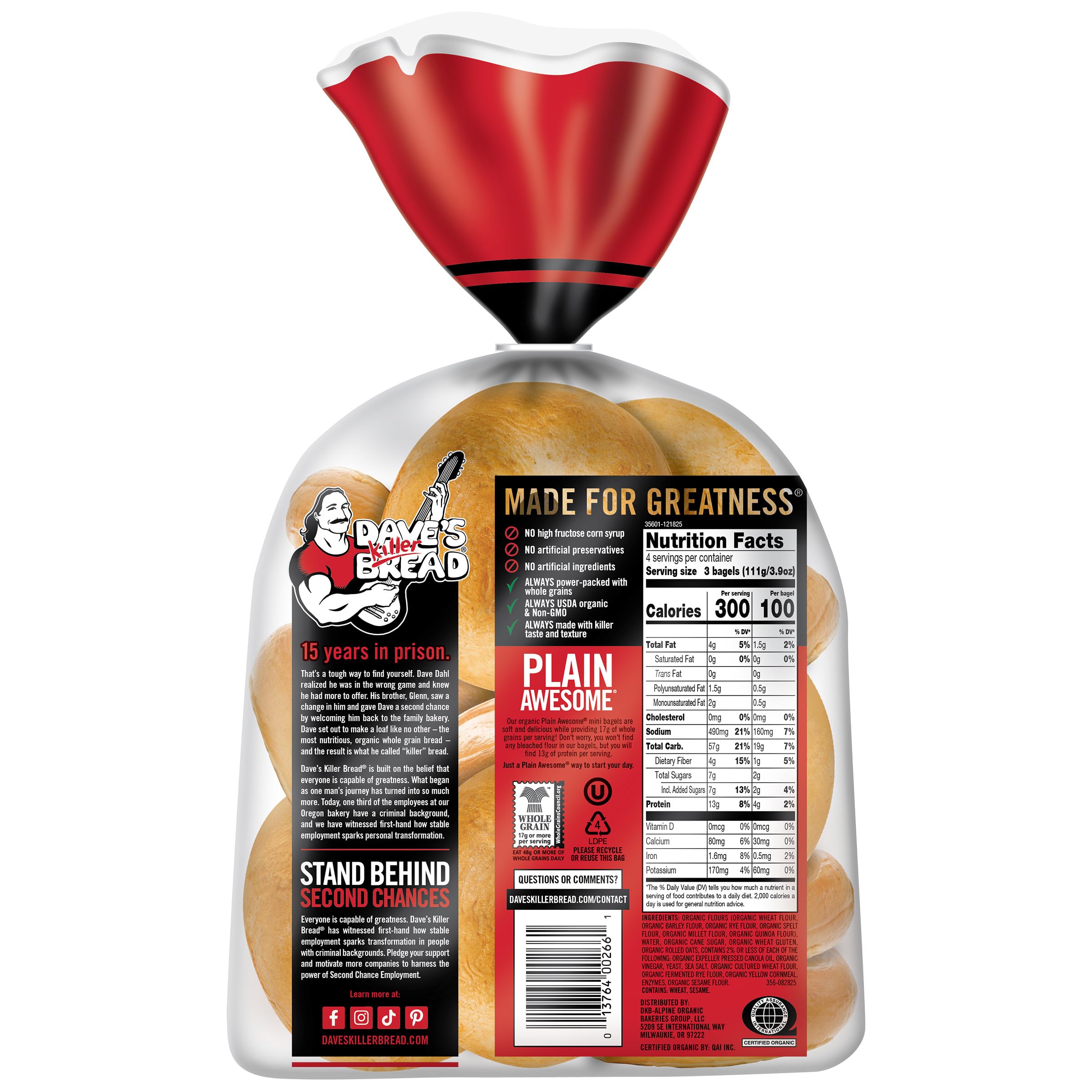 Dave's Killer Bread Plain Awesome Mini Bagels, Organic Bagels, 12
