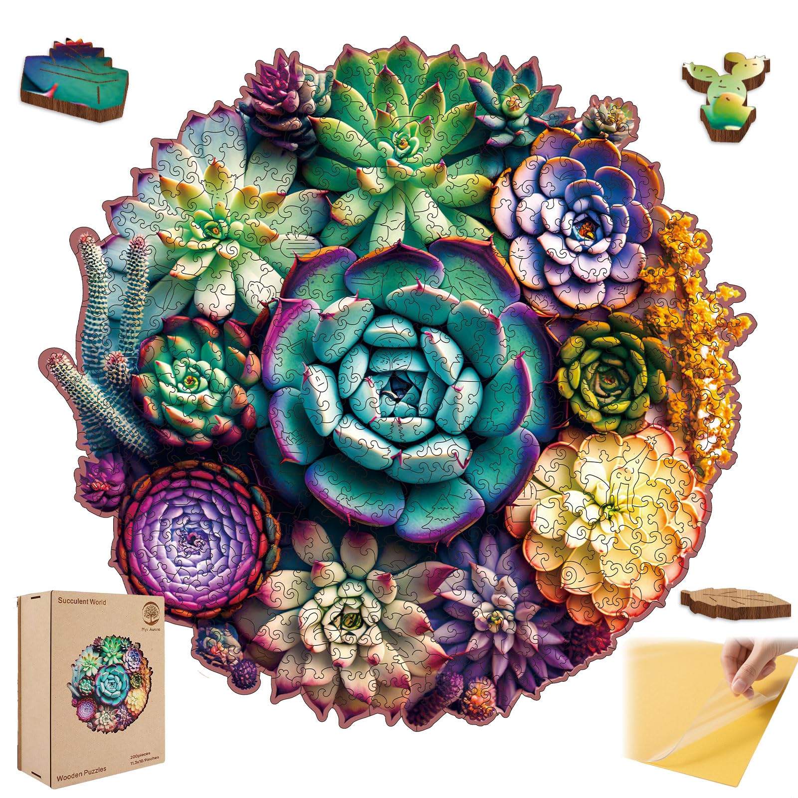 Mys Aurora Wooden Jigsaw Puzzles - Mandala Succulent Plants, 200 Piece Luxurious Shaped Wooden Puzzles for Adults and Kids, Family Game, Medium 11.3'' x 10.9''