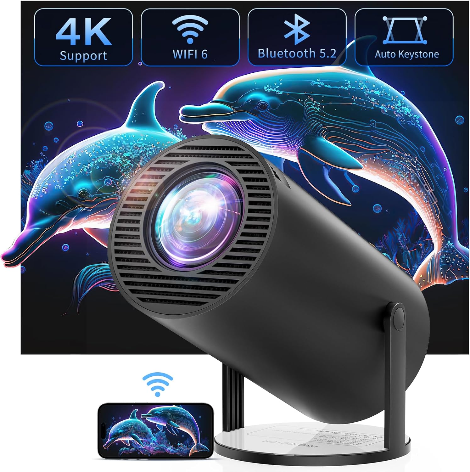 【Built-in Apps & Auto Keystone】CLOKOWE 4K Mini Projector with WiFi and Bluetooth - Full HD 1080P Supported, Portable 270° Rotation Outdoor Movie Projector, Compatible with TV Stick/Smartphone/HDMI/USB
