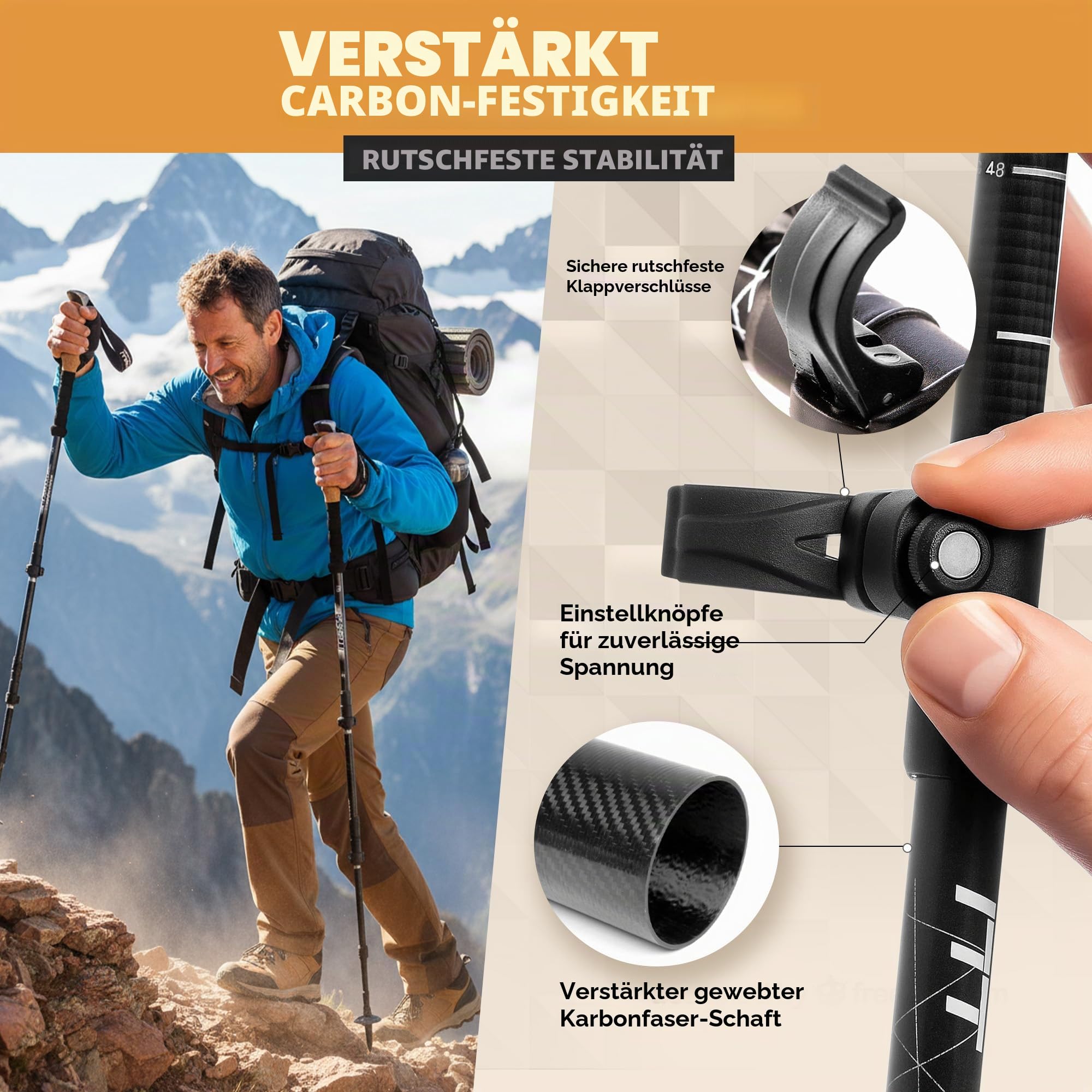 Foxelli Carbon Wanderstöcke – Faltbare leichte stoßdämpfende Stöcke zum Wandern, Trekking, Hiking und Laufen mit Naturkorkgriffen, Flip Locks, 4-Jahreszeiten-/All-Terrain-Zubehör und Tragetasche