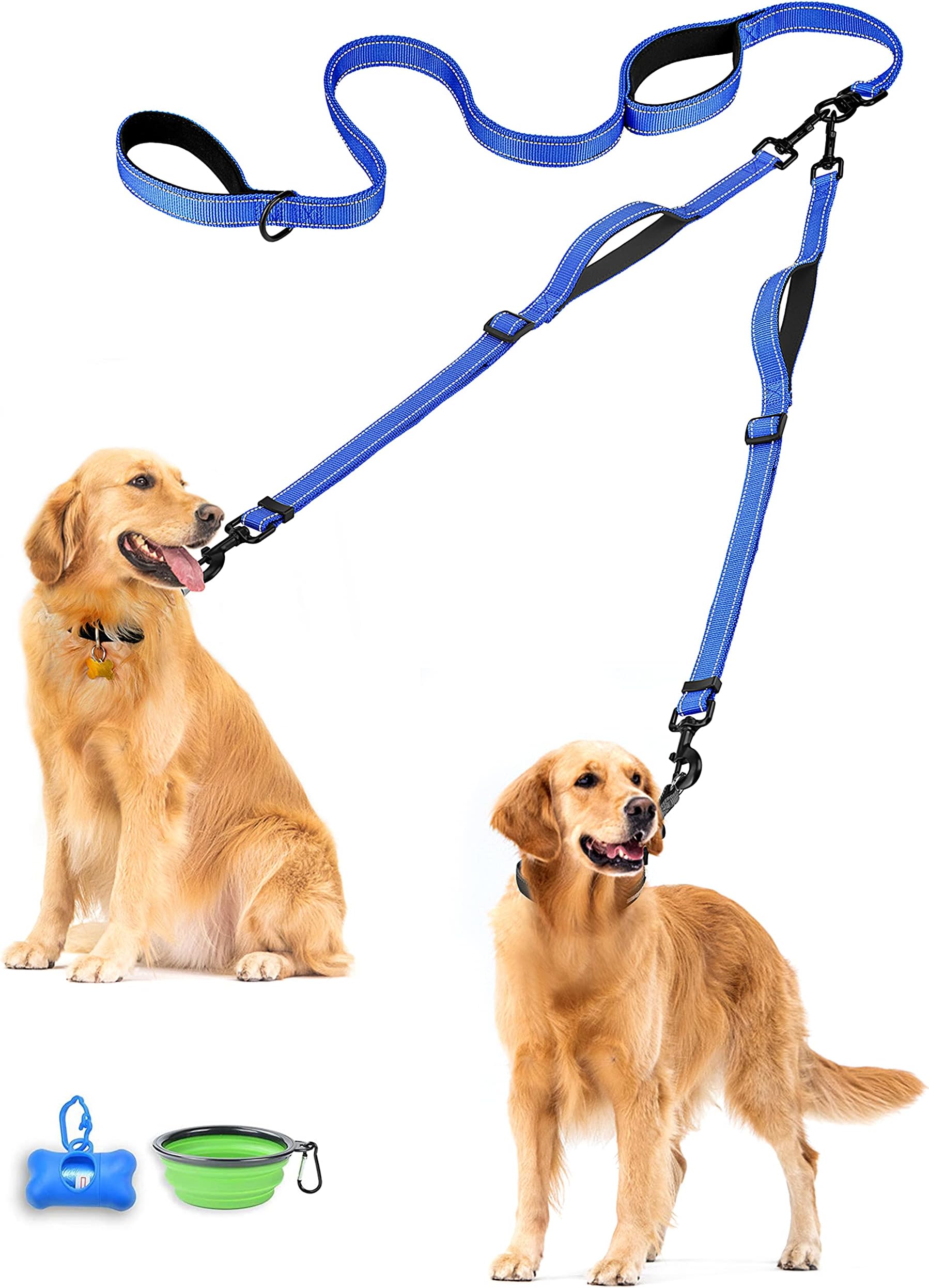 PetBonus Double Dog Leash, No Tangle Dual Dog Leash, Reflective Walking Training Leash, 4 Comfortable Padded Handles for 2 Dogs with Collapsible Bowl and Waste Bags (Blue, Large)