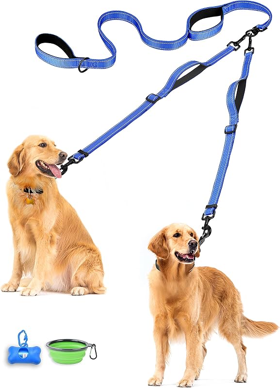 Guia Dupla para Cães PetBonus com Giro 360°, Alças Acolchoadas e Faixa Refletiva (Azul, Grande)