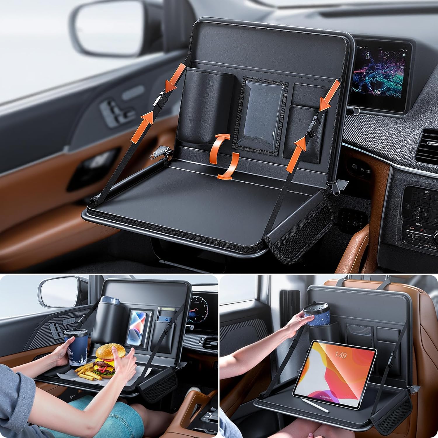 Leather Car Steering Wheel Tray, Car Food Table Tray Multifunctional Laptop Desk, Back Seat Headrest Table for Eating Food Drink and Writing Laptop Work