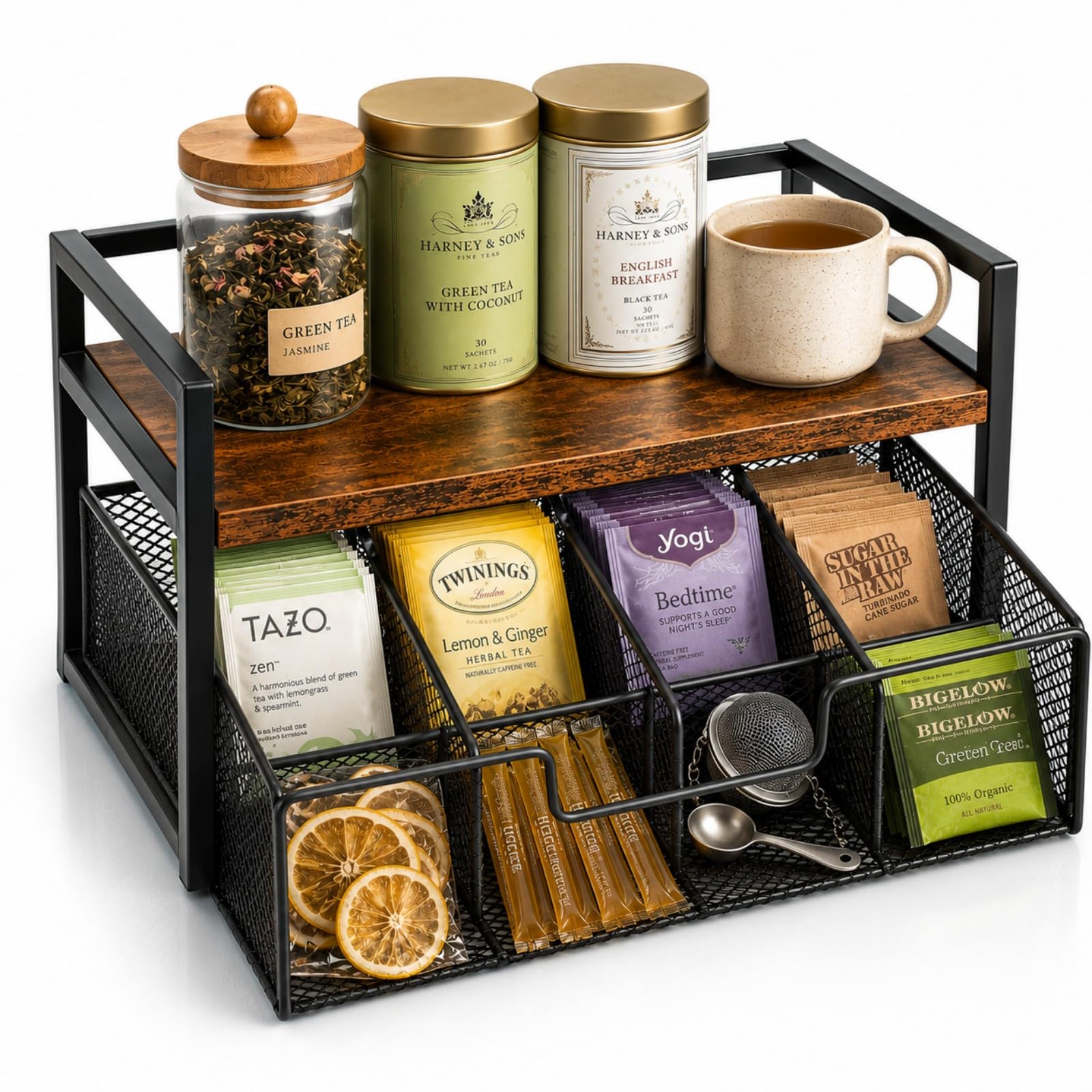Exquilnova Tea Bag Organizer with Drawer, Wood & Metal Tea Bag Holder with 8 Compartments, Countertop Tea Organizer and Storage Chest with Top Shelf, Rustic Tea Station Caddy for Kitchen