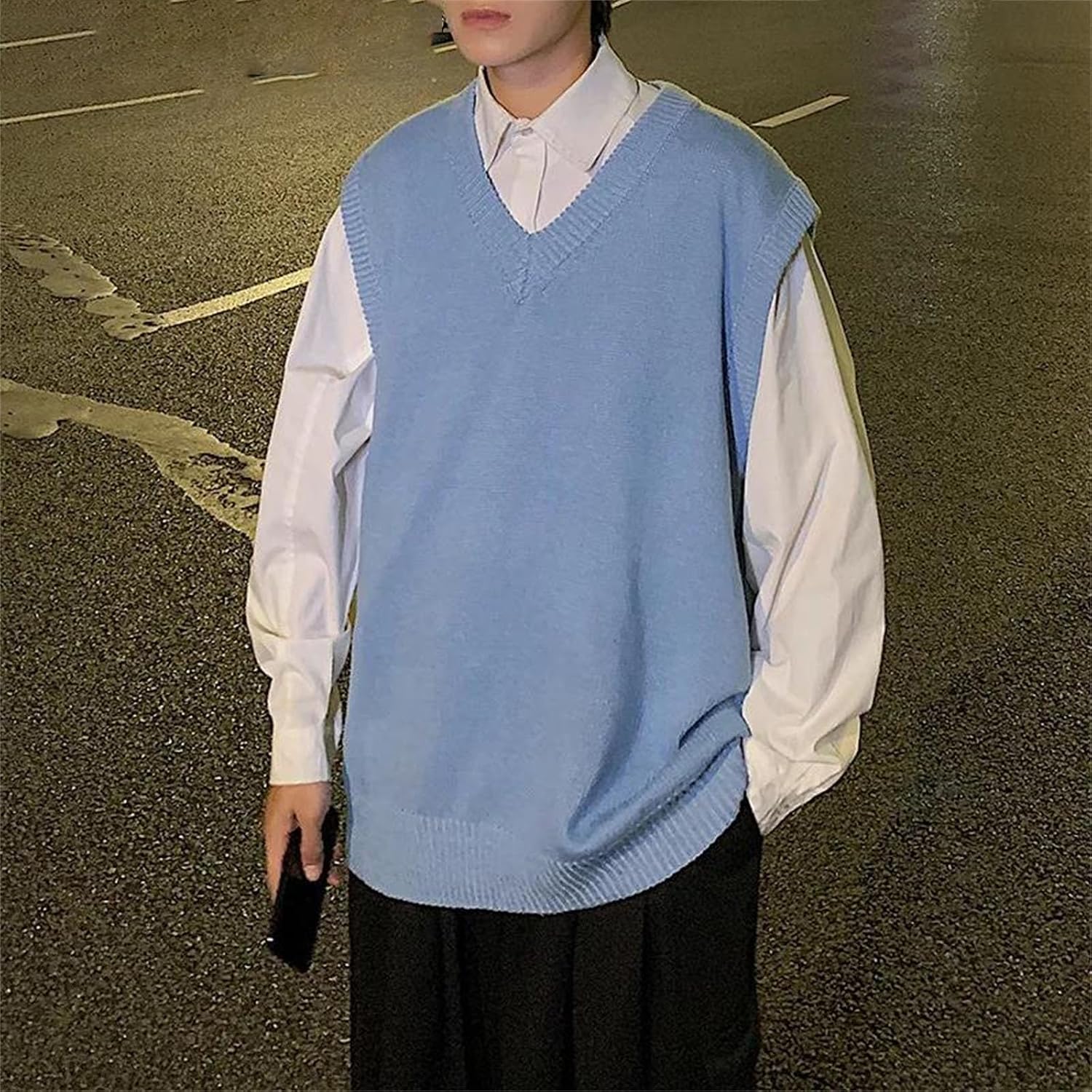 Sweater Vest Men Loose Simple Solid Color Knitted V-Neck All-Match Basic Tops Harajuku Sleeveless Jumpers