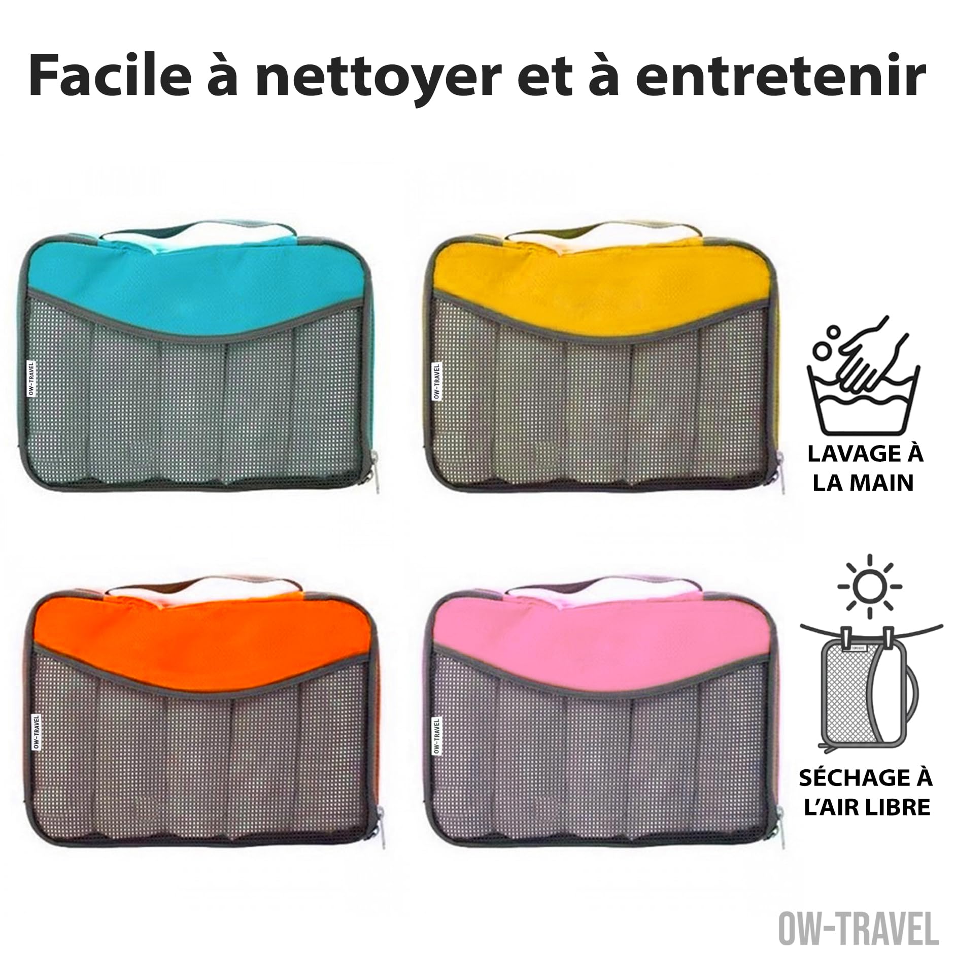 OW-Travel Organisateur Valise (4 Couleurs) Organisateur de Valise, Sac Rangement Vetement. Organiseurs de Bagage, Pochette Rangement Voyage. Compartiment Valises Sac a Dos Voyage. Packing Cubes