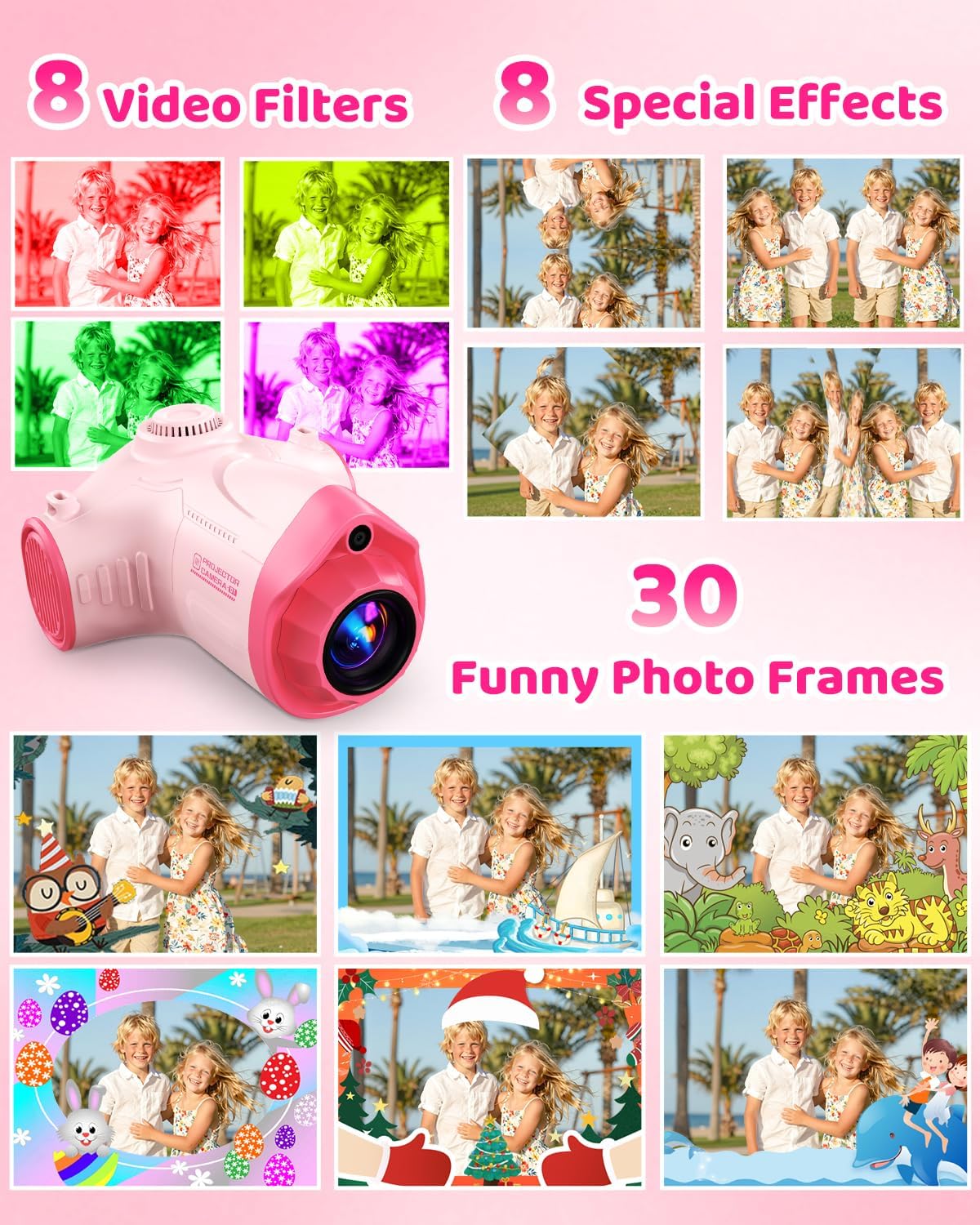 Kids Camera with Projector, 1080P Digital Video Camcorder, 48MP Photo Camera, Portable Toddler Camera Christmas Birthday Travel Gift Toy for Boys Girls Age 3 4 5 6 7 8 9 10 11 12, Pink