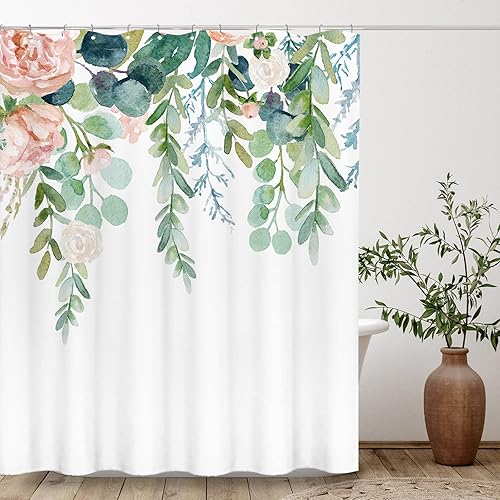Miniatura 2 de Tititex - Juego de cortinas de ducha floral tropical en flor, flores rosas de acuarela y hojas verdes en la parte superior, cortina de baño