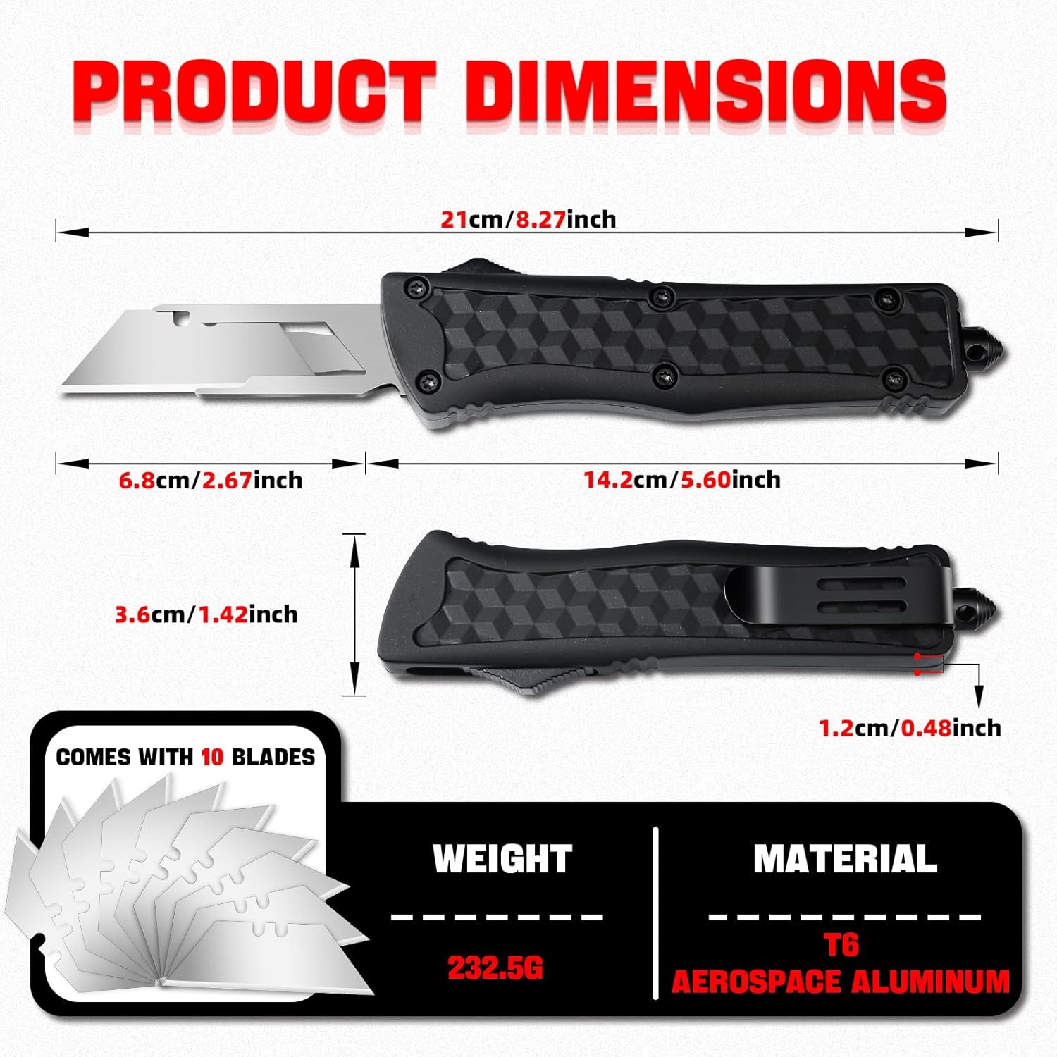 cckk Automatic Utility Knife, Zinc Alloy Handle Heavy Duty Safety Box Cutter, EDC Utility Knife with Extra 10PC Blades, Ideal for Home Tools, Office and Outdoors (Checkered Handle)