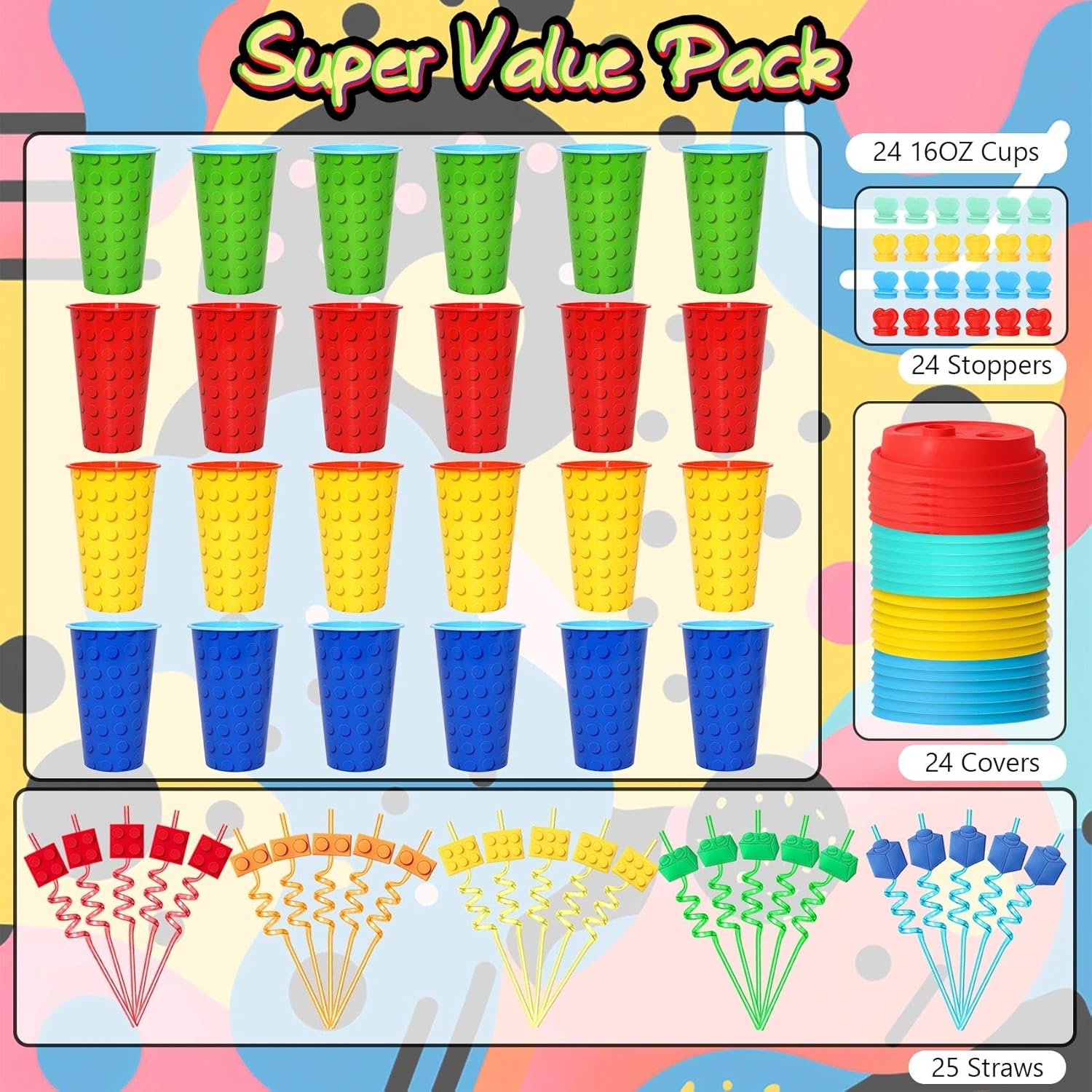 24 Sets Building Blocks Party Favors Cups with Straws Bulk, 16 OZ Bricks Cups with Lids for Building Block Birthday Party Decorations Supplies
