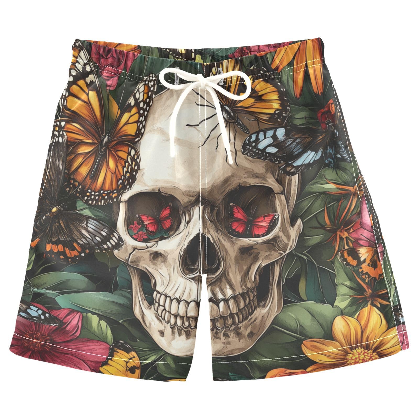 Jucciaco Boys Beach Board Shorts Skull Butterfly Flower Swim Trunk Teen Swimwear