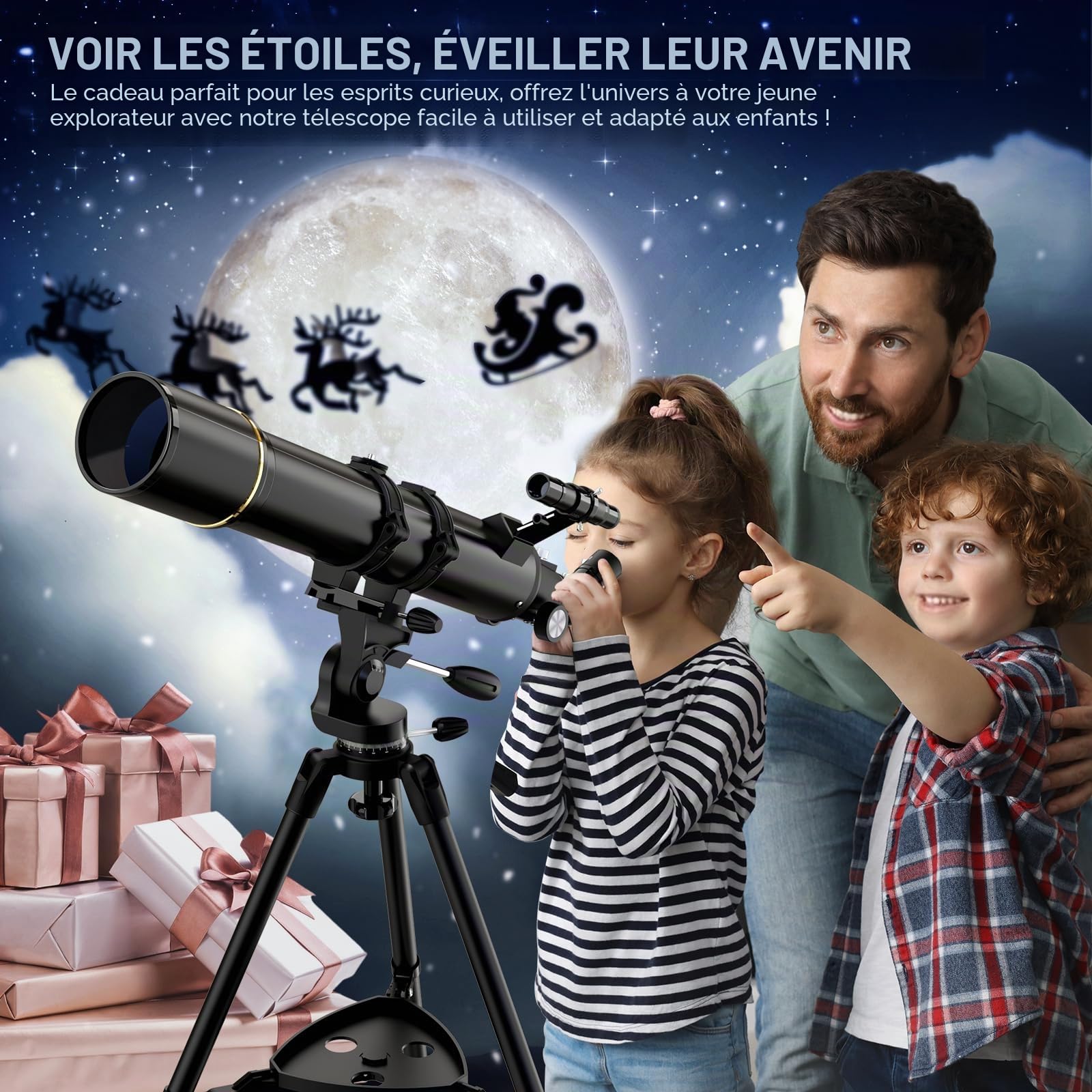 Télescope Astronomique Adulte 90mm, NACATIN Télescope Réfracteur 800mm avec Trépied Fer, Adaptateur Smartphone et Sac à Dos, Grossissement 32X-240X pour Observation Lune et Planètes