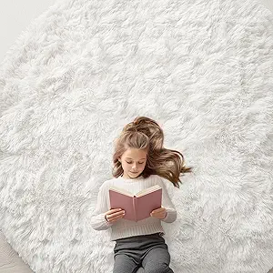 OLANLY Ivory Round Rugs for Bedroom - Machine Washable, 8 ft Circle Area Rugs for Living Room, Soft and Fluffy Shaggy Carpet for Teen Girls and Boys, Nursery Rooms, Dorms, Home Decor Aesthetic