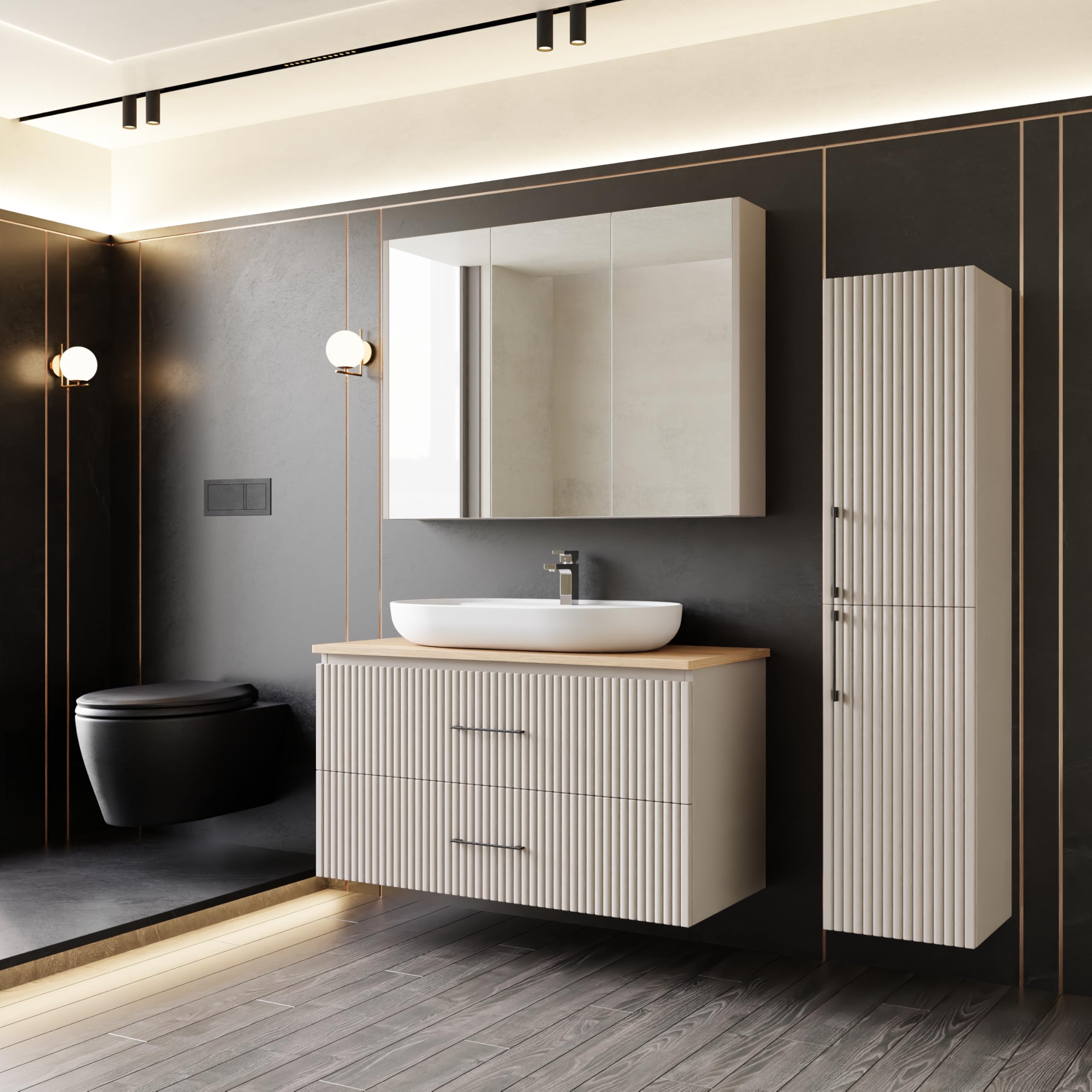 Badezimmermöbel Set Liana 100 Konsole Eiche | Keramikwaschbecken | Unterschrank | Spiegelschrank | Konsole | Waschbecken mit Unterschrank 100 cm | Softclose | Aufsatzwaschbecken | Konsolenwaschtisch