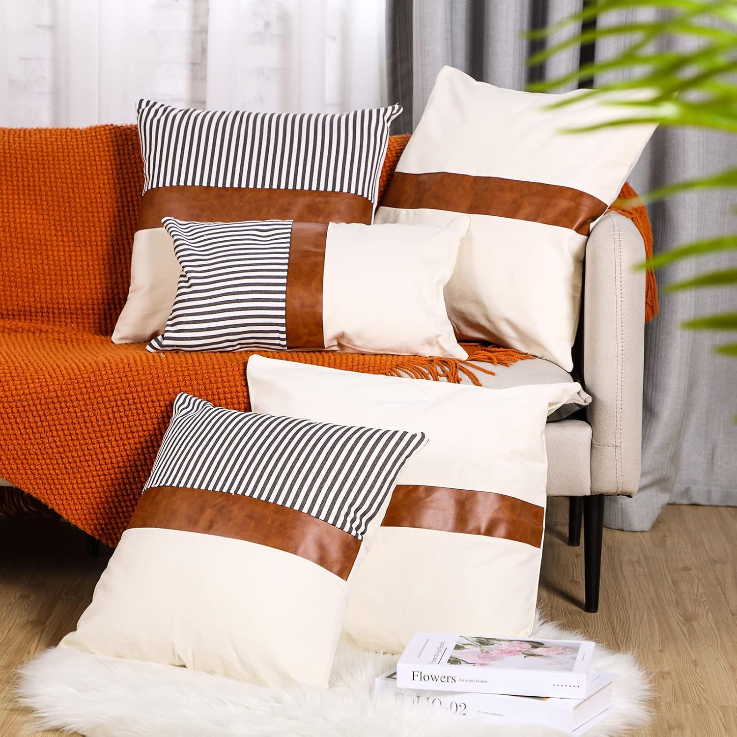 Tradder Farmhouse Decorative Pillow Covers Set of 5 20x20 18x18 12x20 Inch Modern Boho Faux Leather and Linen Stripe Pillowcase for Home Couch Living Room Decor(Cool Style, Cool Style)