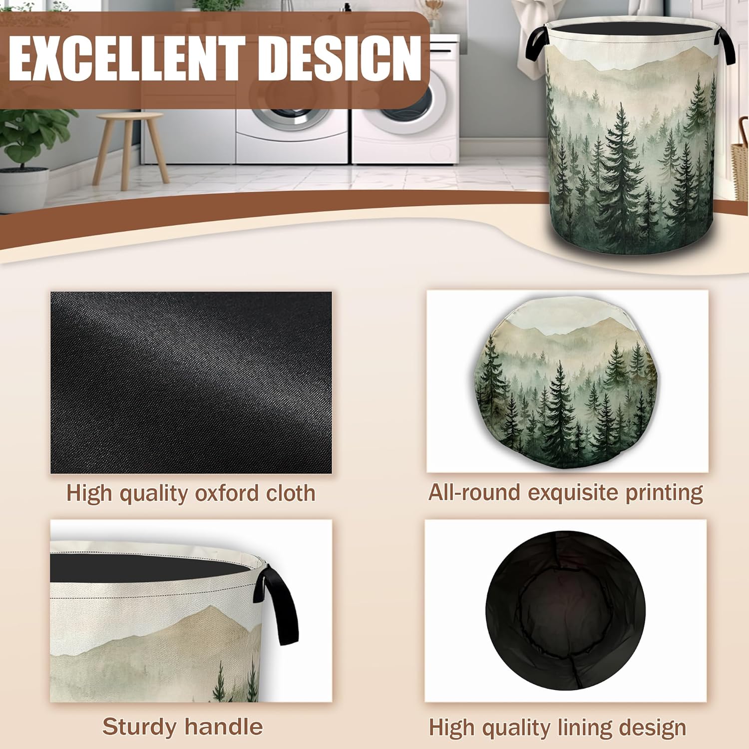 Misty Forest Landscape Laundry Basket,Waterproof Foldable Laundry Hamper,Dirty Clothes Basket, Linen Bin Storage Organizer Collection 16" x 20.8"