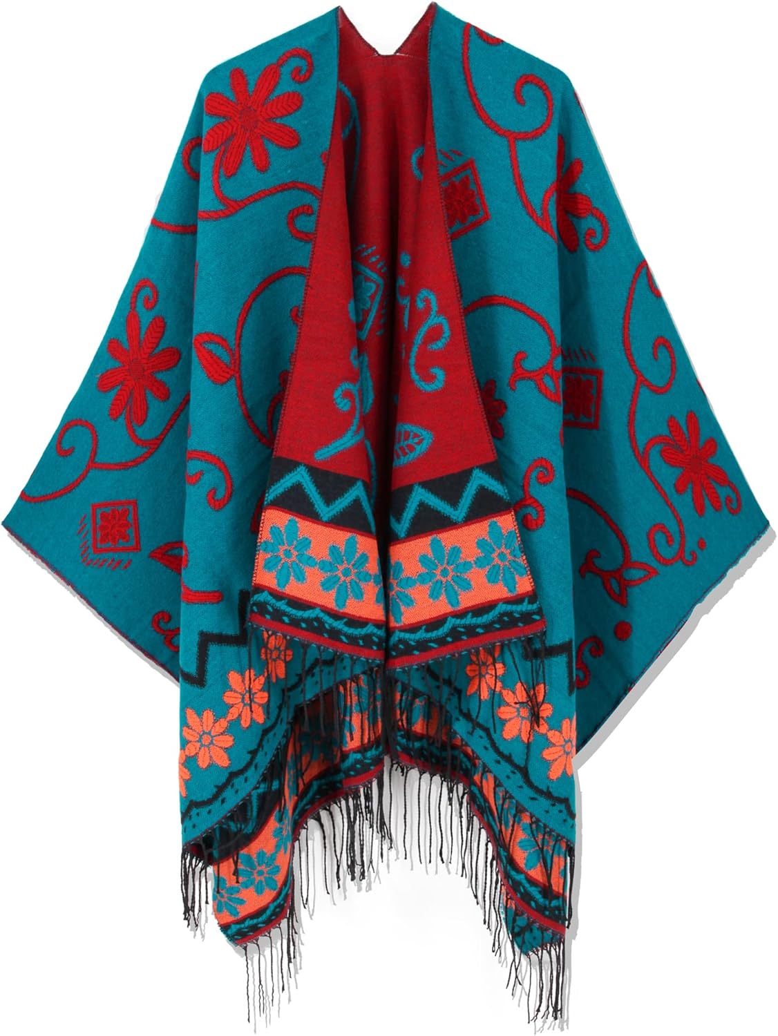 Beautiful Nomad Women's Retro Style Poncho Cape Boho Shawl Wraps Ruana Printed Tassel Cardigan for Spring Fall Winter - Image 2