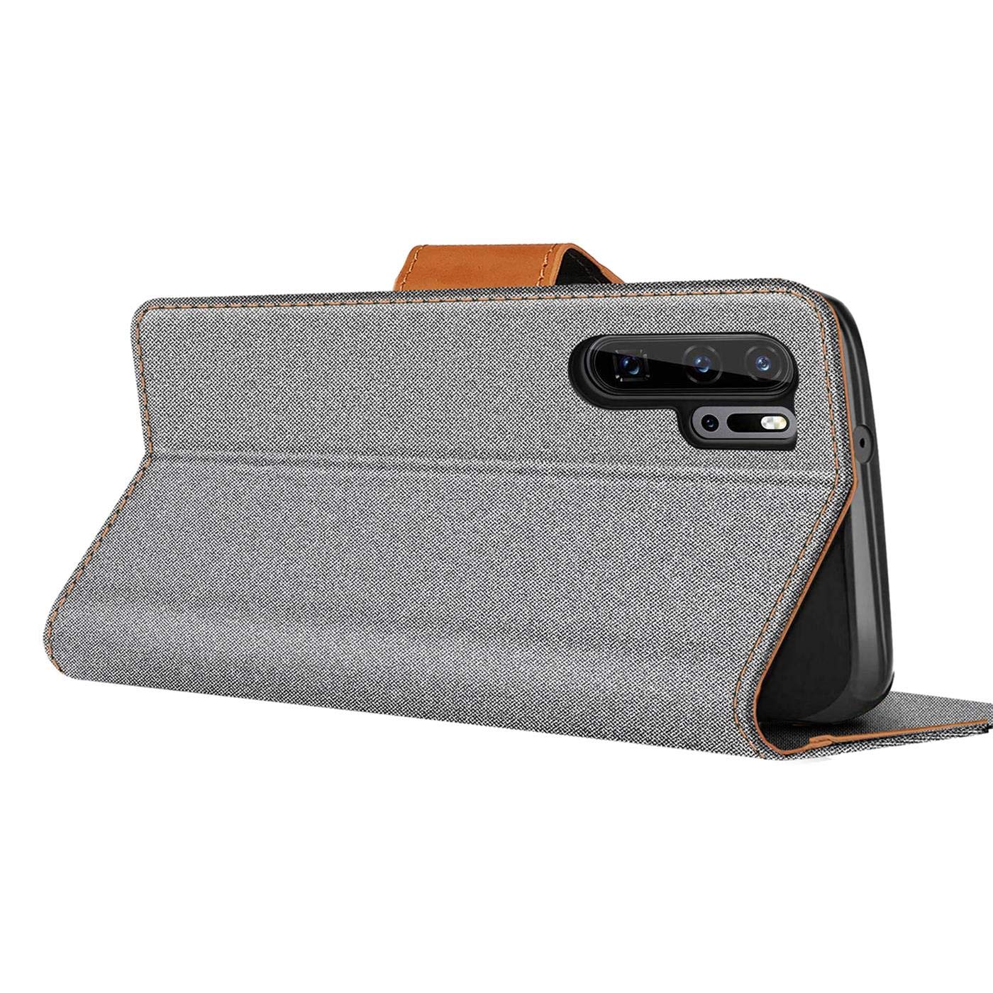 Verco Phone Wallet Case compatible with the Huawei P30, Canvas Faux Leather Book Cover for the P30 Flip Case Bag Hinged - Grey - Image 4
