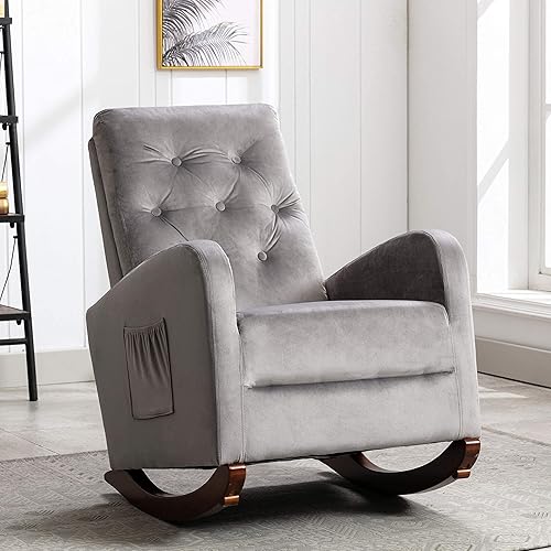 Miniatura 2 de SSLine Mecedora de terciopelo, tapizada, moderna, cómoda, cómoda, asiento acolchado de tela, mecedoras con respaldo alto para sala de estar,