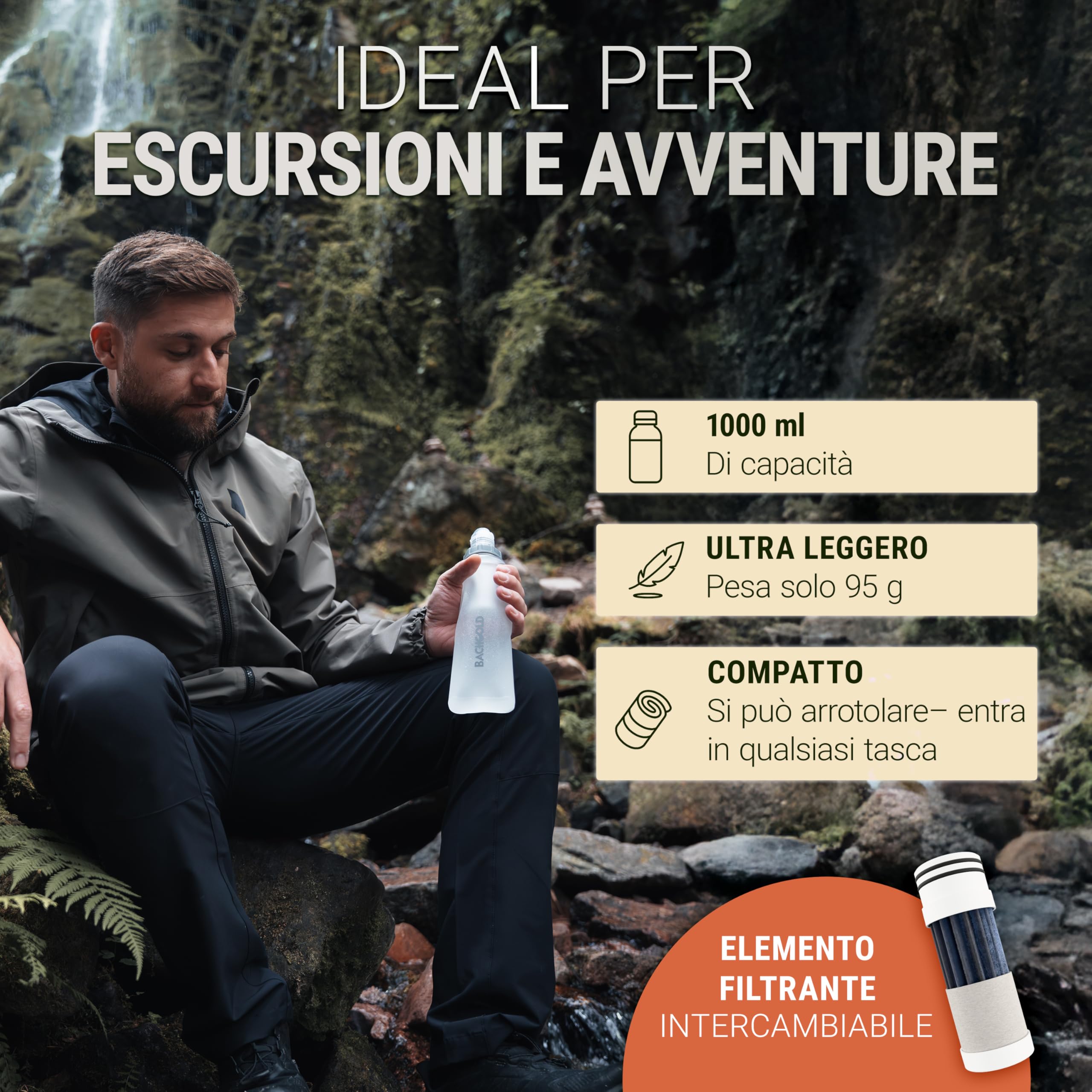 Bachgold® Squeeze Borraccia Filtrante – Filtro Acqua Potabile Ultraleggero con Potabilizzatore | Filtra Virus, Batteri & Microplastiche | per Trekking, Campeggio, Outdoor (Bianco, 1000ml)